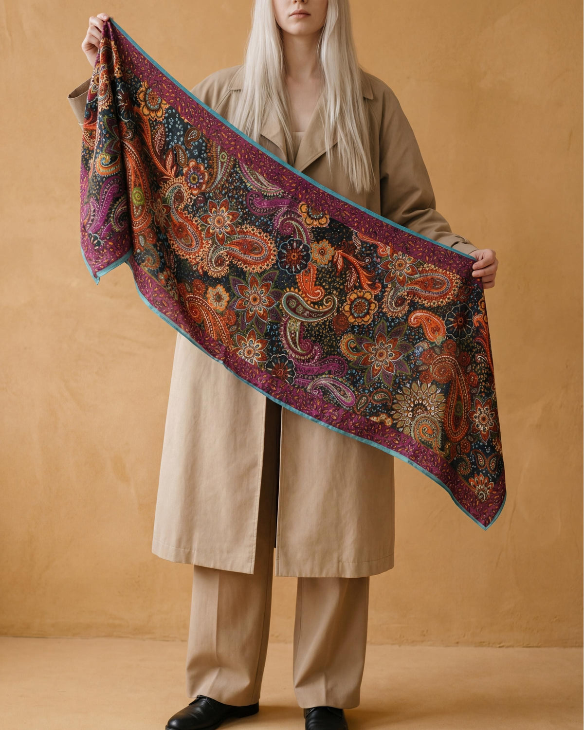 Boho Paisley Soft Scarf Shawl Wrap – Teal & Purple Border, Lightweight Semi-Sheer Long Scarf, Gift for Her