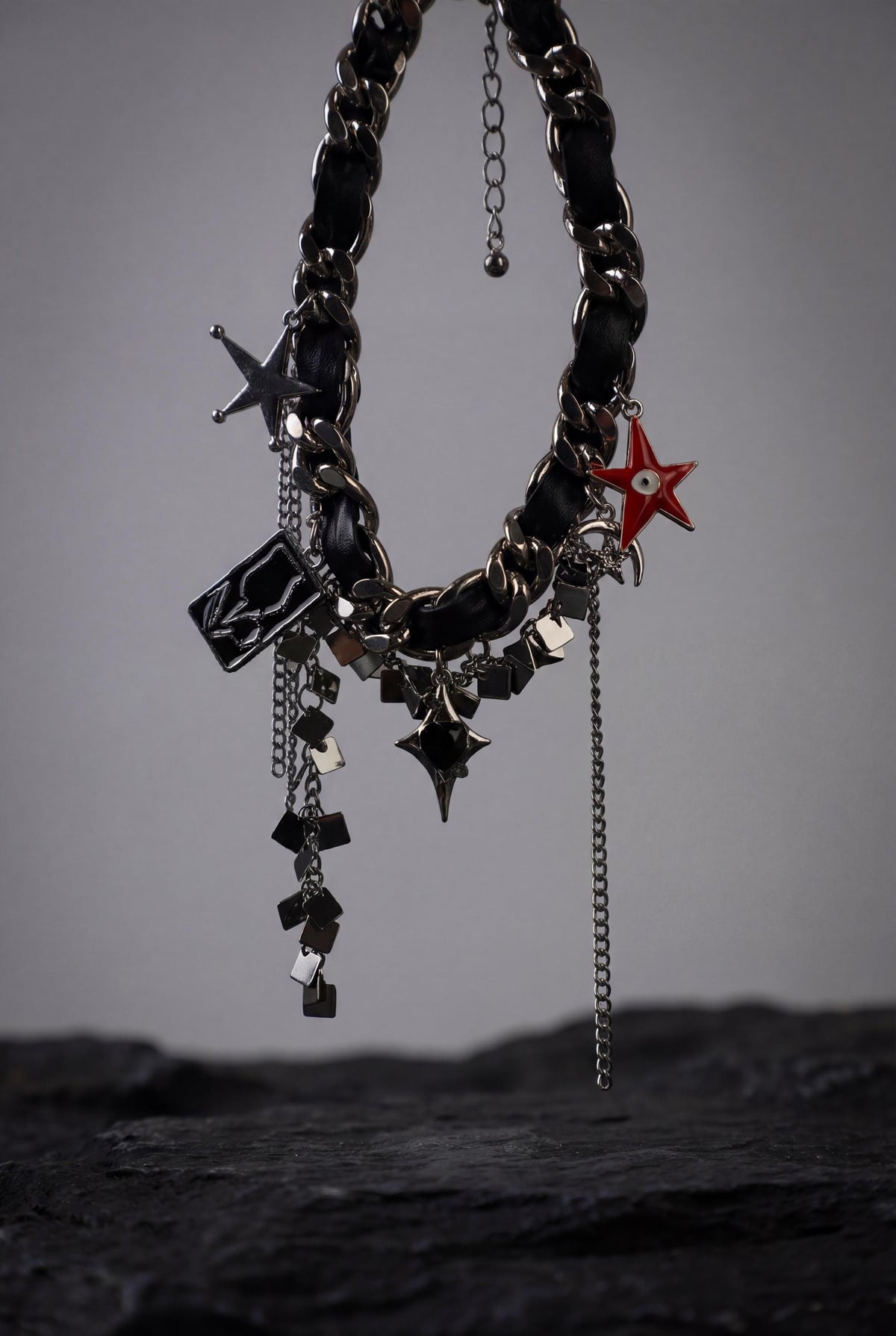 Gothic Charm Choker Necklace, Black Chain Choker, Punk Star Charm Necklace, Red Evil Eye Star, Alt Goth Jewelry, Y2K Statement Gift