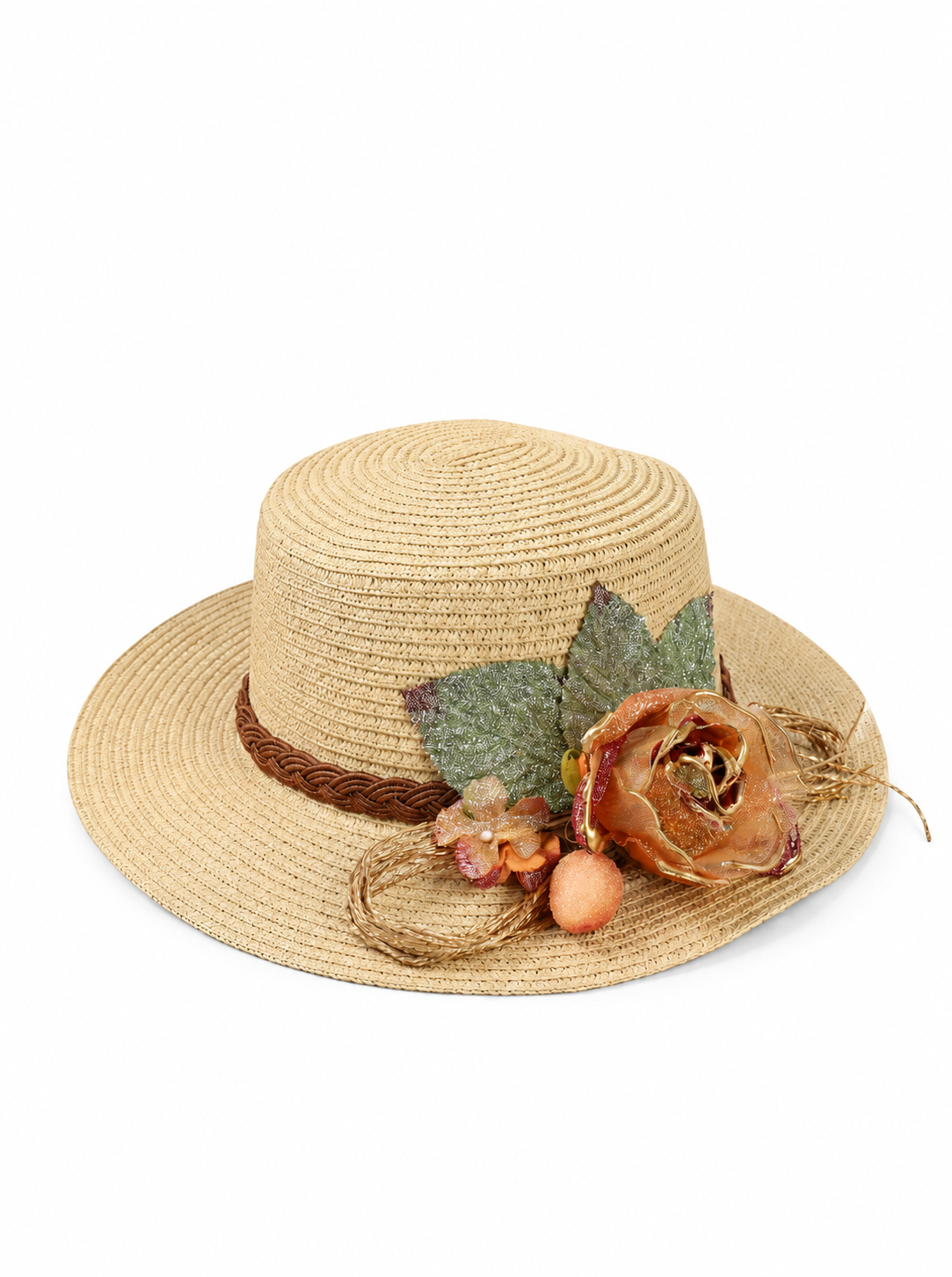 Violette Floral Embellished Straw Boater Hat - Light Khaki - PD-006 - white top-down variation