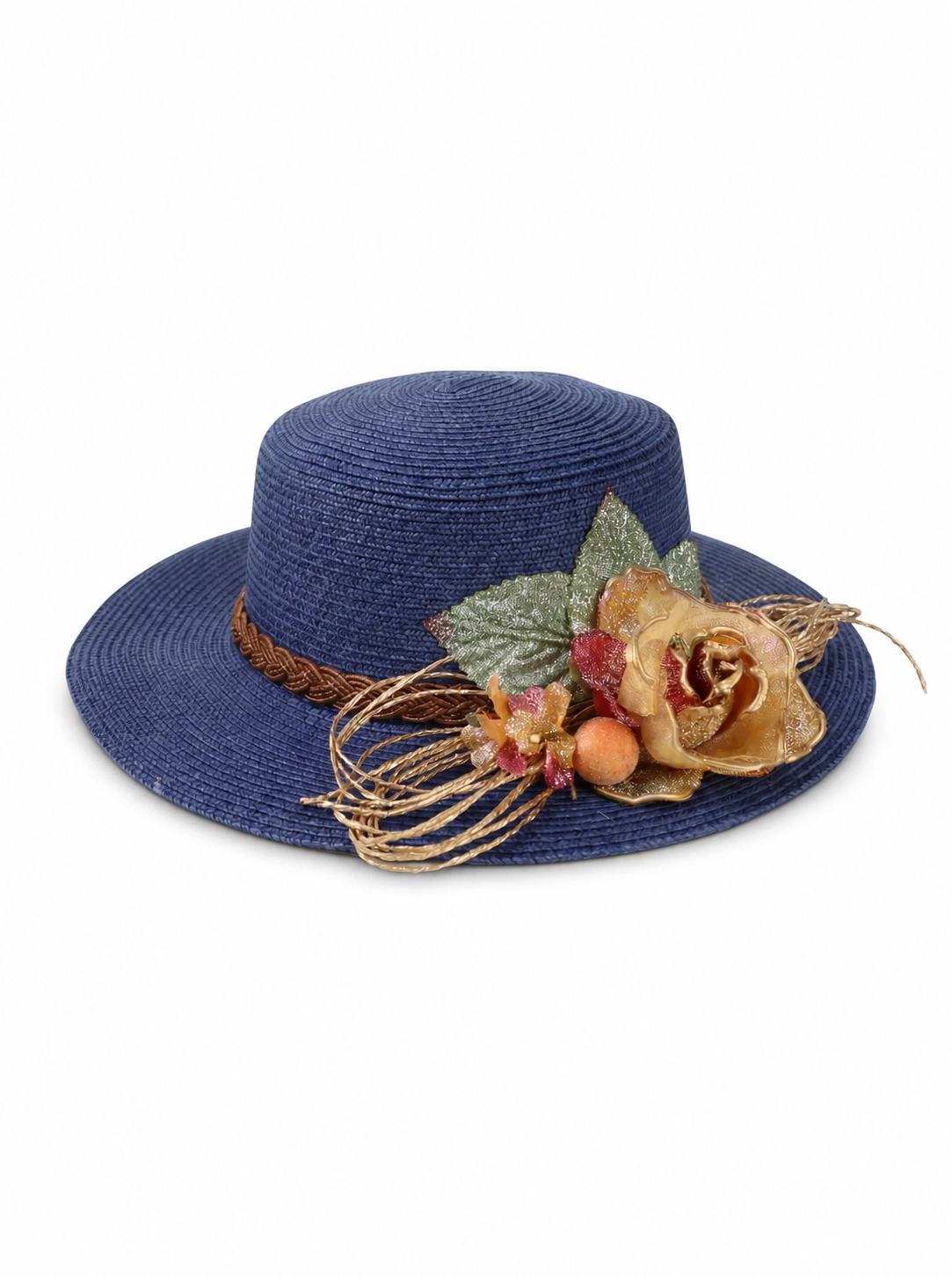 Violette Floral Embellished Straw Boater Hat - Navy - PD-008 - white top-down variation