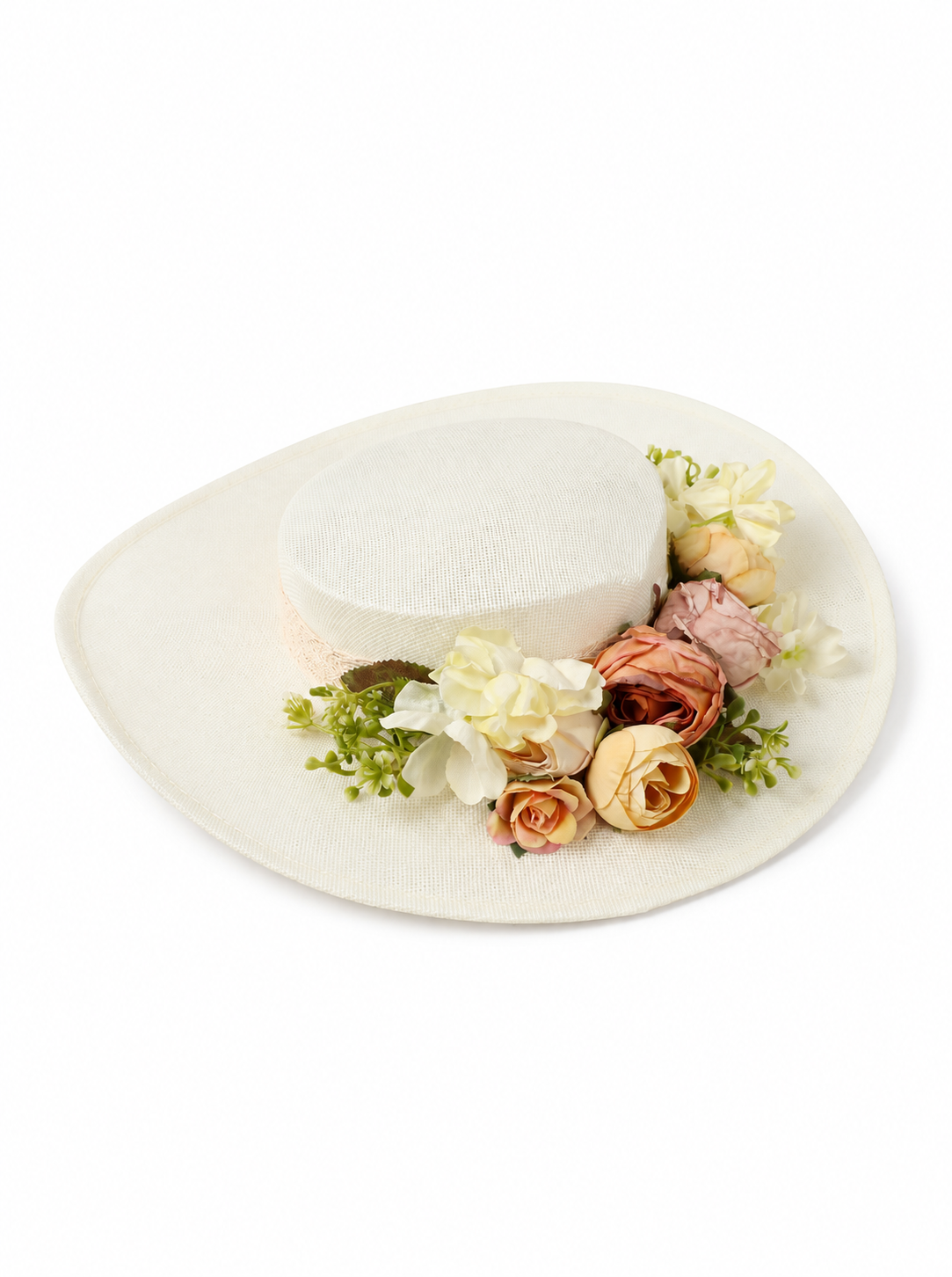 Violette Floral Straw Boater Hat Wide Brim Summer Sun Hat - Off-White - QM-001-OW - white top-down variation