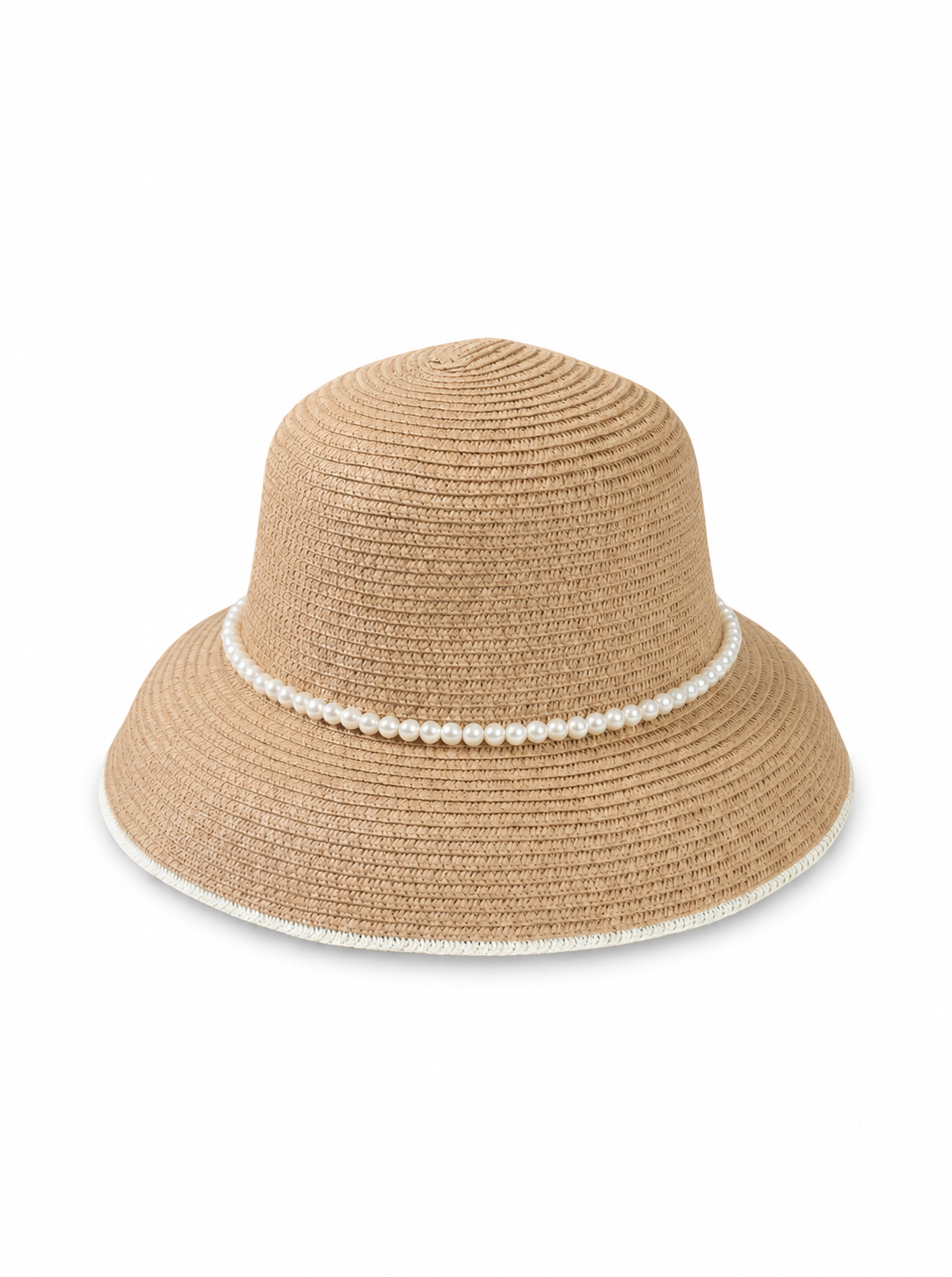 Violette Straw Sun Hat with Pearl Trim Wide Brim Summer Beach Hat - Brown - PM-005-BR - white top-down variation