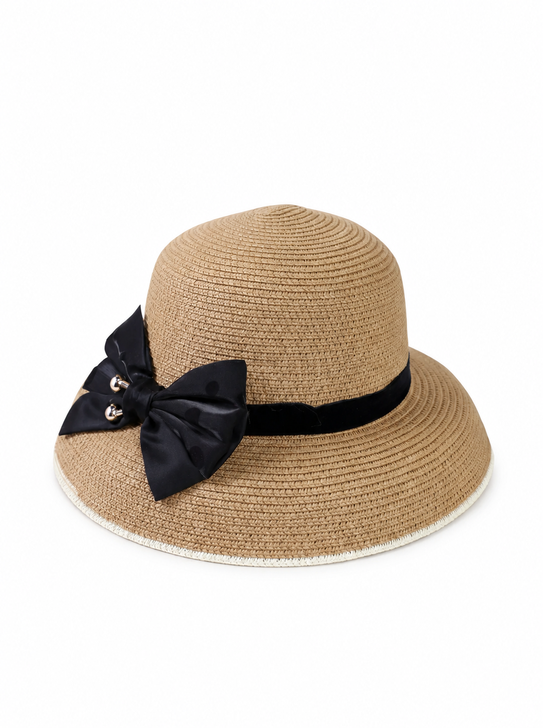 Violette Straw Sun Hat with Ribbon Bow Wide Brim Summer Beach Hat - Brown - PM-003-BR - white top-down variation