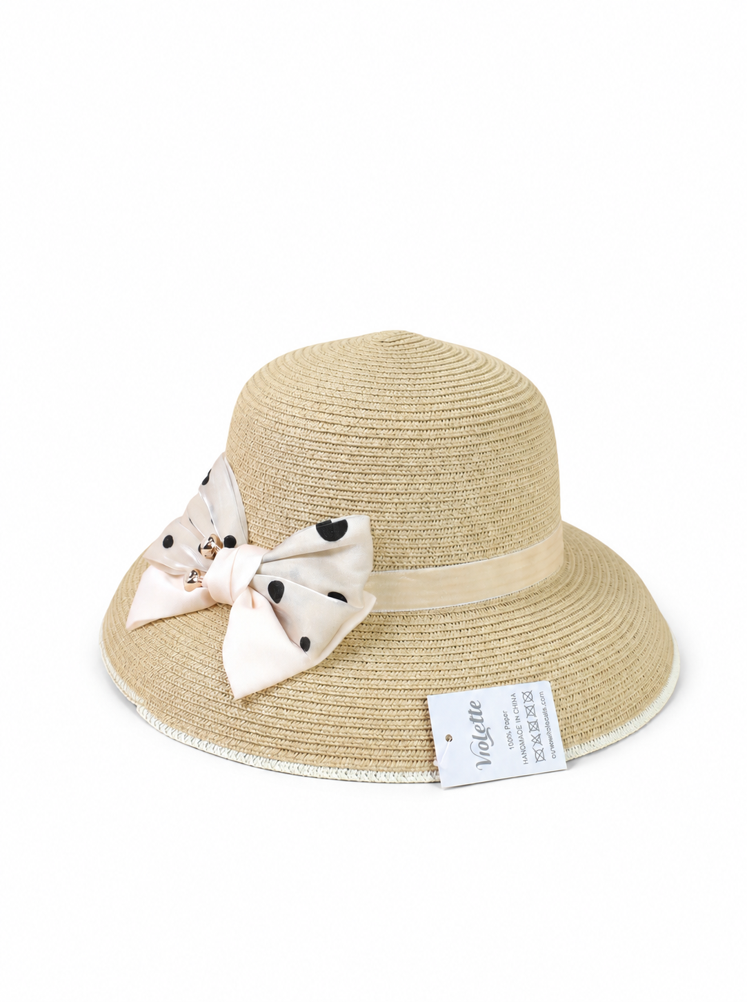Violette Straw Sun Hat with Ribbon Bow Wide Brim Summer Beach Hat - Camel - PM-003-CA - white top-down variation