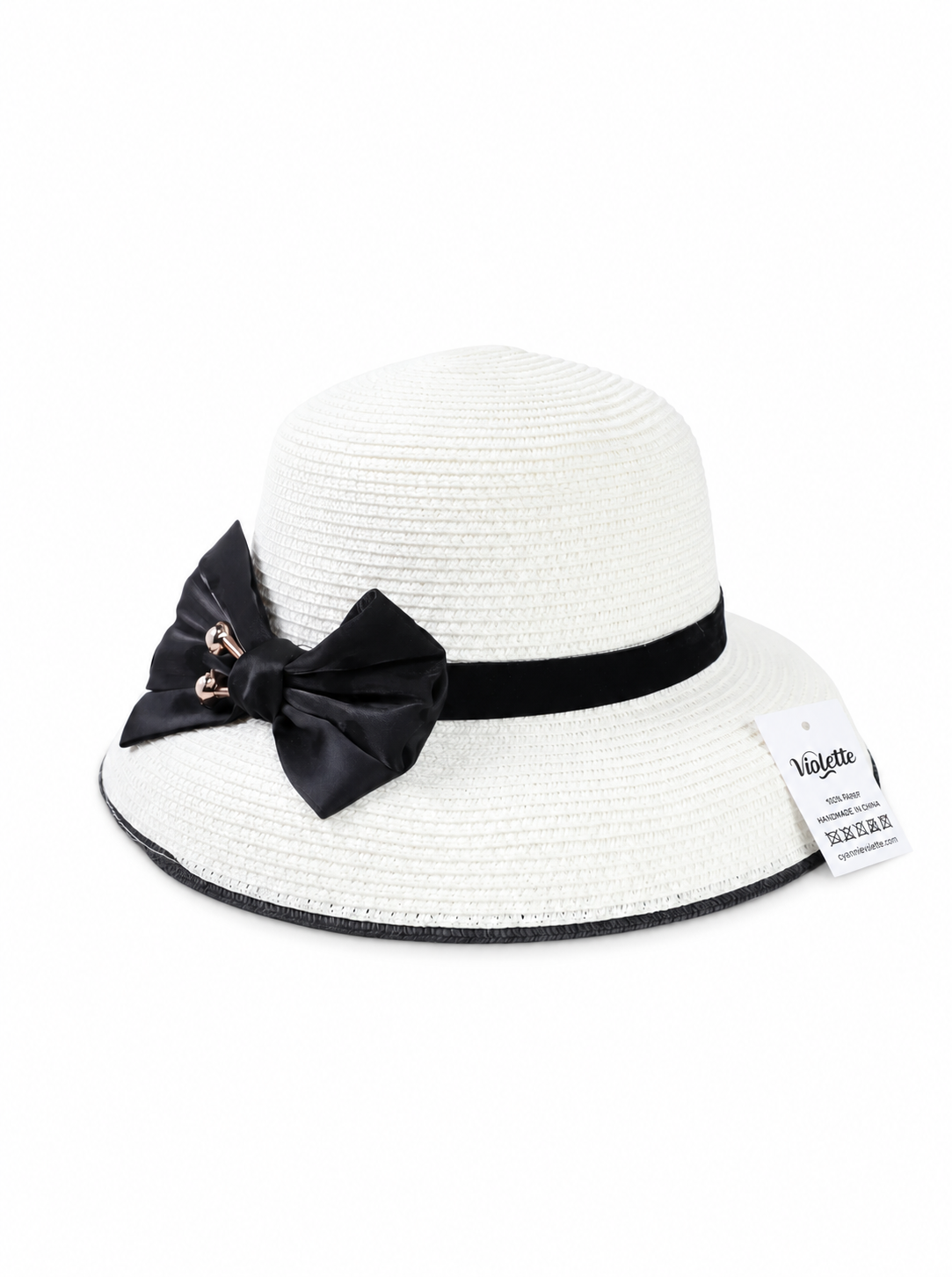 Violette Straw Sun Hat with Ribbon Bow Wide Brim Summer Beach Hat - White - PM-003-WH - white top-down variation