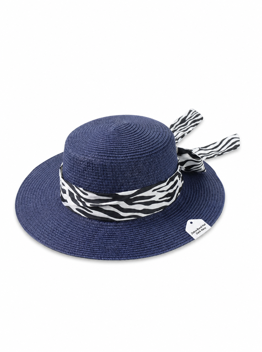 Violette Zebra Ribbon Straw Boater Hat - Navy - PD-007-NB - white top-down variation
