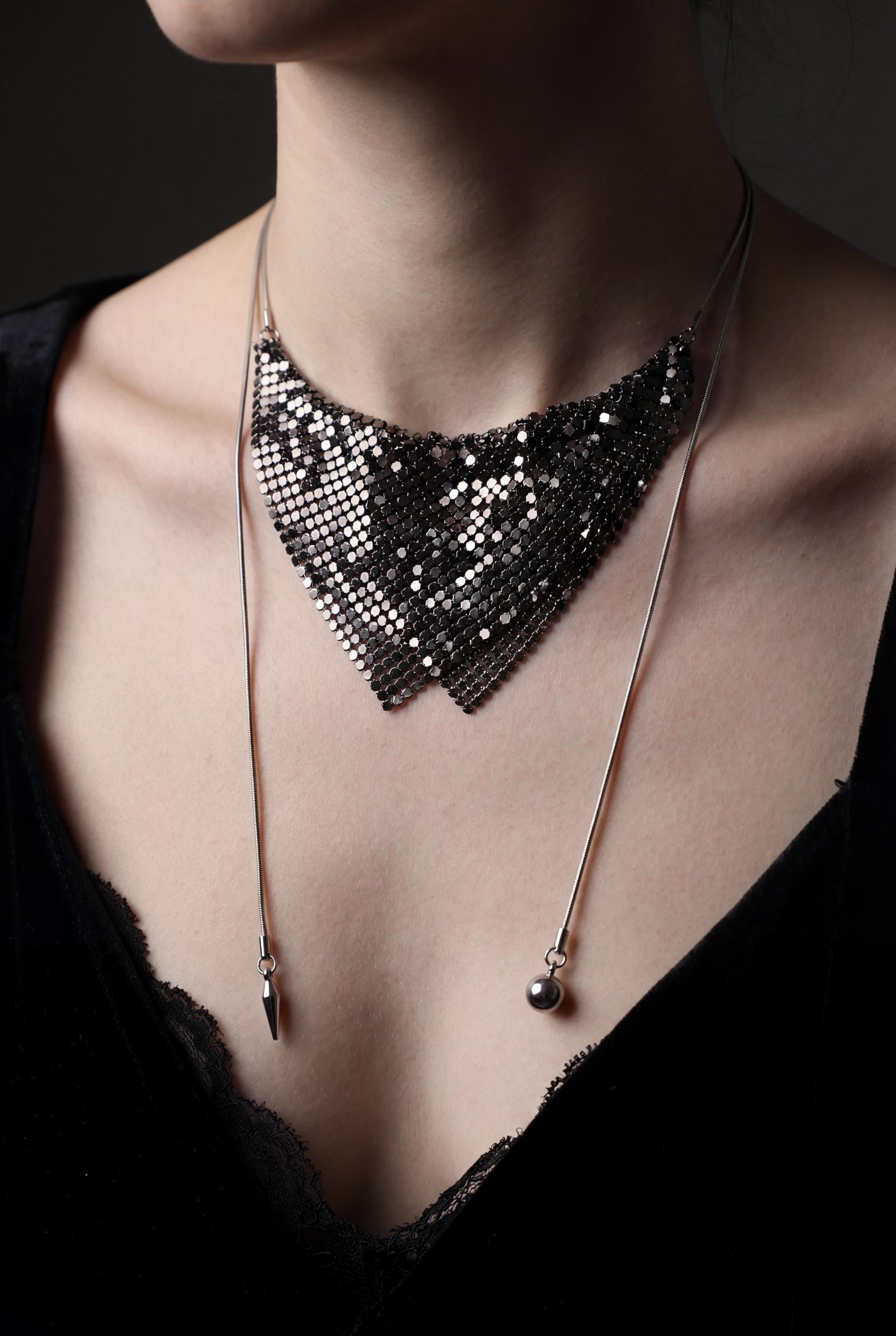Black Mesh Bib Necklace, Chainmail Statement Necklace, Dark Glam Collar Necklace, Metallic Drape Necklace, Gothic Evening Jewelry