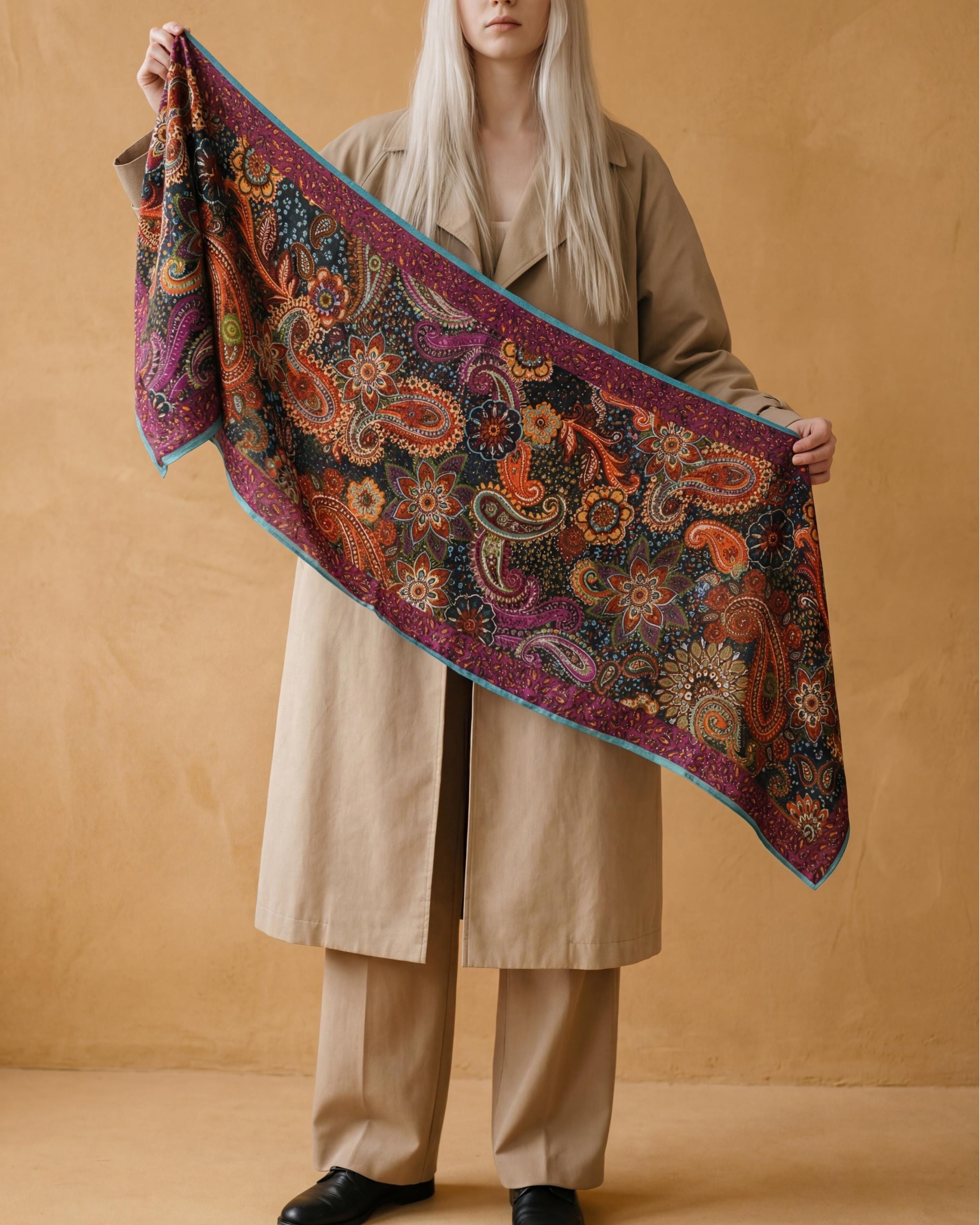 Boho Paisley Soft Scarf Shawl Wrap – Teal & Purple Border, Lightweight Semi-Sheer Long Scarf, Gift for Her