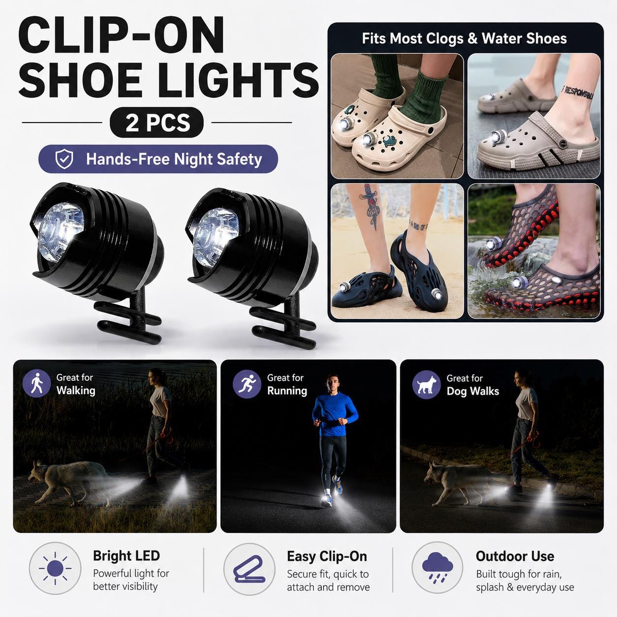 Clip-On Shoe Lights 2 PCS, Waterproof LED Safety Lights for Clogs, Running Walking Dog Walking Night Outdoor Light