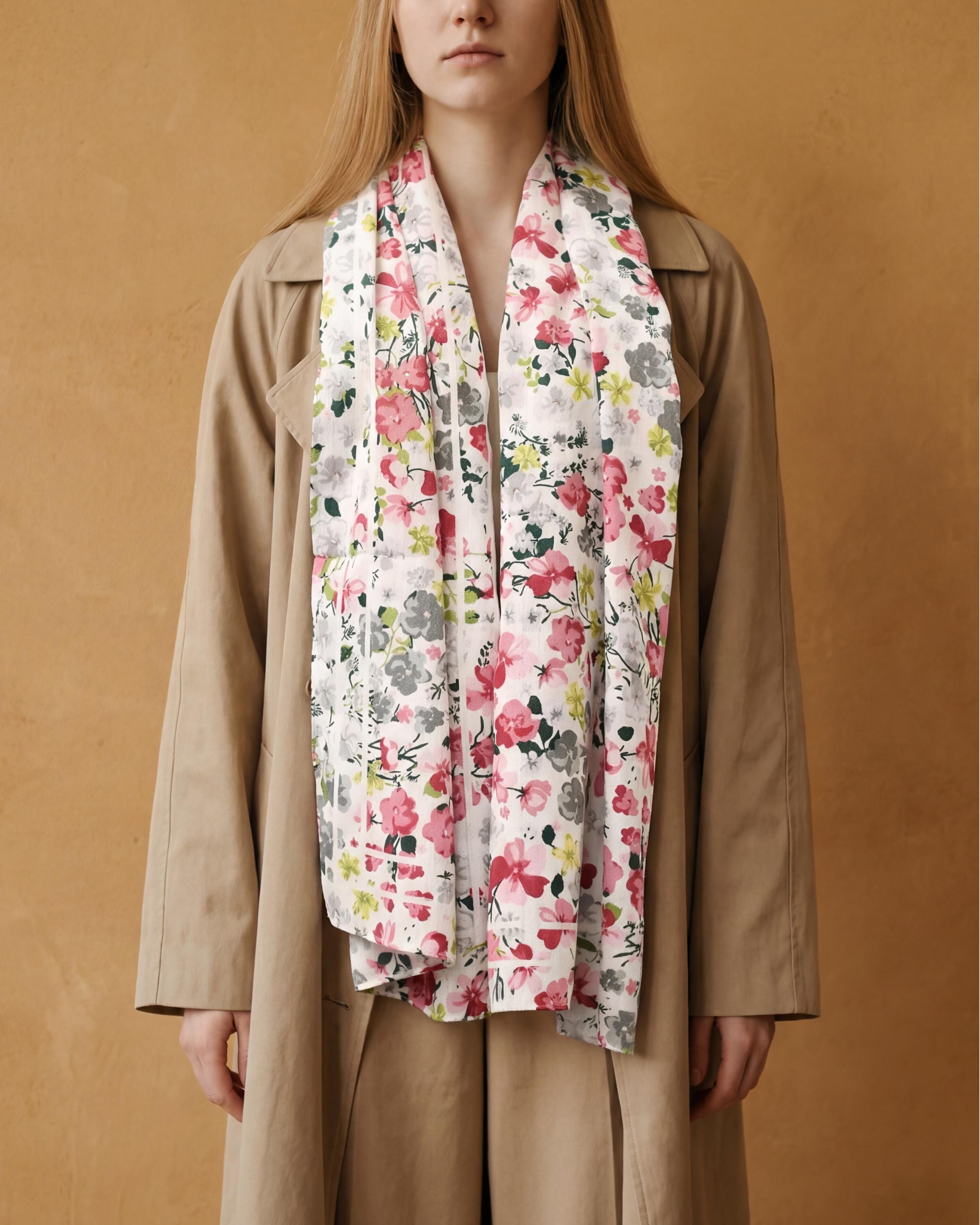 Floral Lightweight Scarf, Romantic Spring Wrap, Soft Sheer Neck Scarf, Pink Grey Botanical Print, Gift for Her