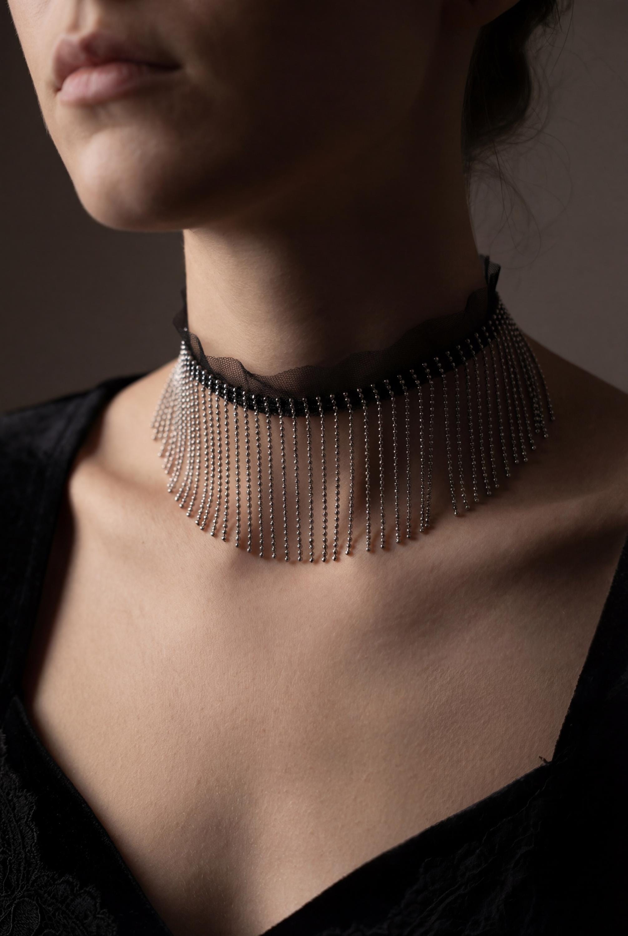 Gothic Fringe Choker Necklace,Black Tulle Chain Tassel Choker, Dark Glam Collar Necklace, Sheer Mesh Goth Jewelry, Statement Fringe Necklace