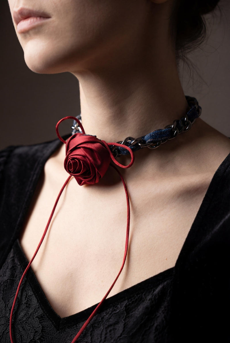 Gothic Rose Choker Necklace, Red Satin Flower Necklace, Dark Romantic Chain Choker, Victorian Goth Jewelry, Coquette Alt Gift