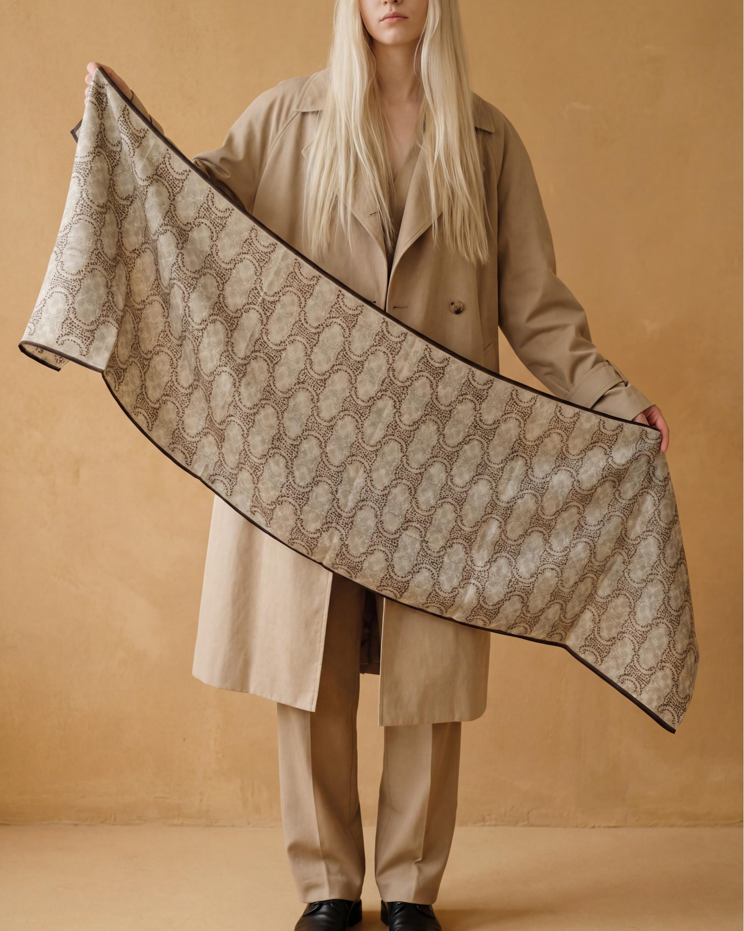 Neutral Beige Monogram Scarf with Brown Trim – Elegant Long Scarf / Lightweight Wrap – Everyday Luxe Gift