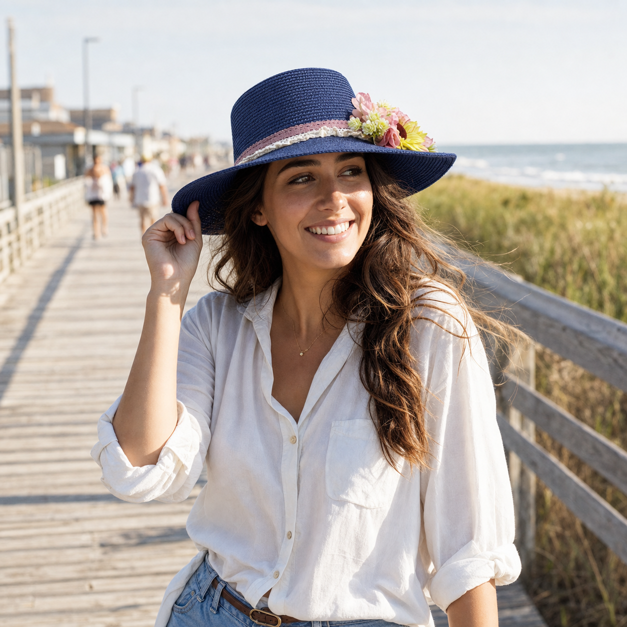 Violette Side Bloom Straw Boater Hat - Lifestyle scene 1