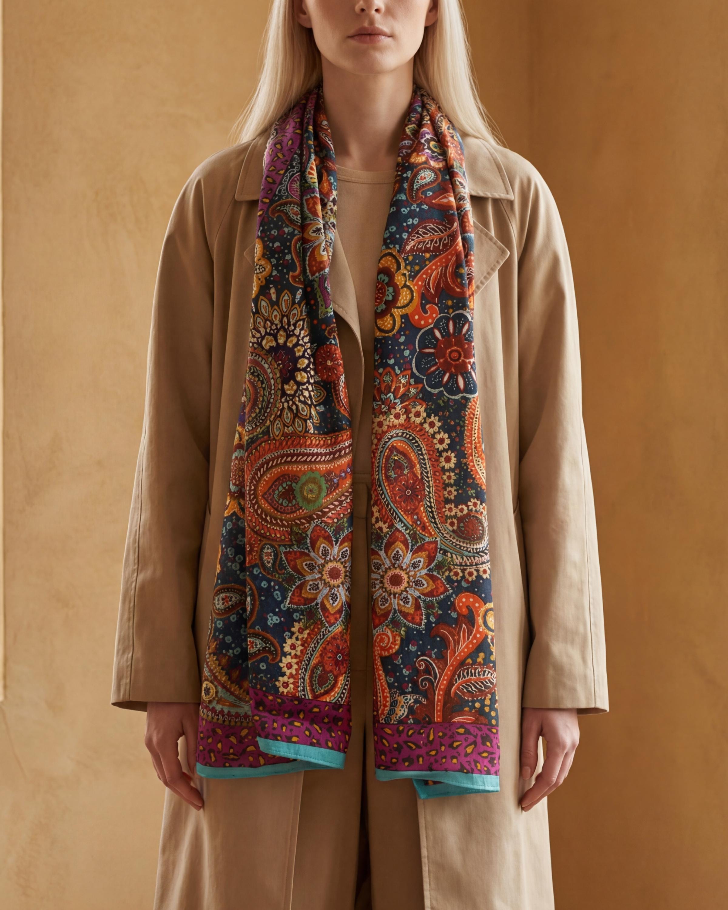 Boho Paisley Soft Scarf Shawl Wrap – Teal & Purple Border, Lightweight Semi-Sheer Long Scarf, Gift for Her