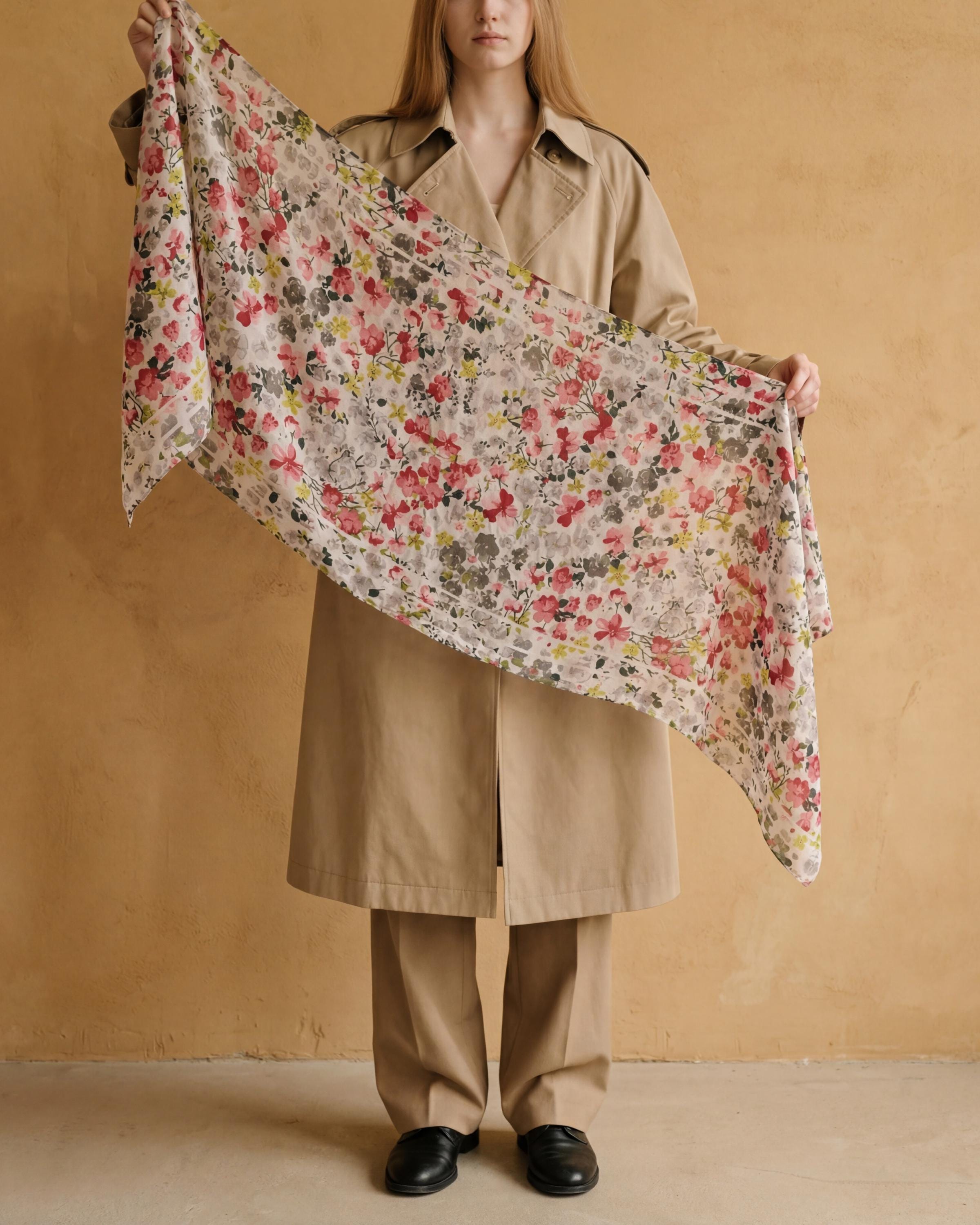 Floral Lightweight Scarf, Romantic Spring Wrap, Soft Sheer Neck Scarf, Pink Grey Botanical Print, Gift for Her