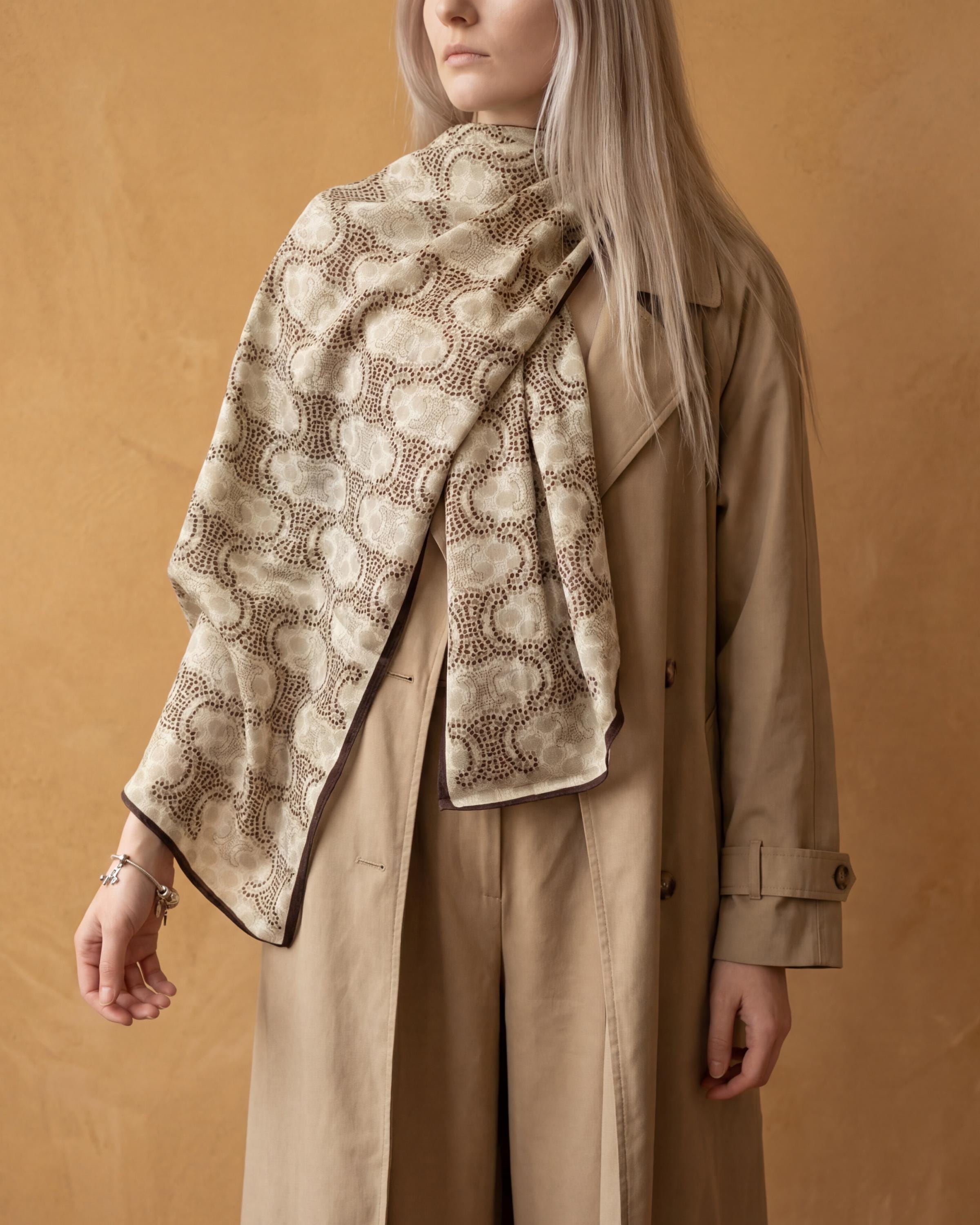 Neutral Beige Monogram Scarf with Brown Trim – Elegant Long Scarf / Lightweight Wrap – Everyday Luxe Gift