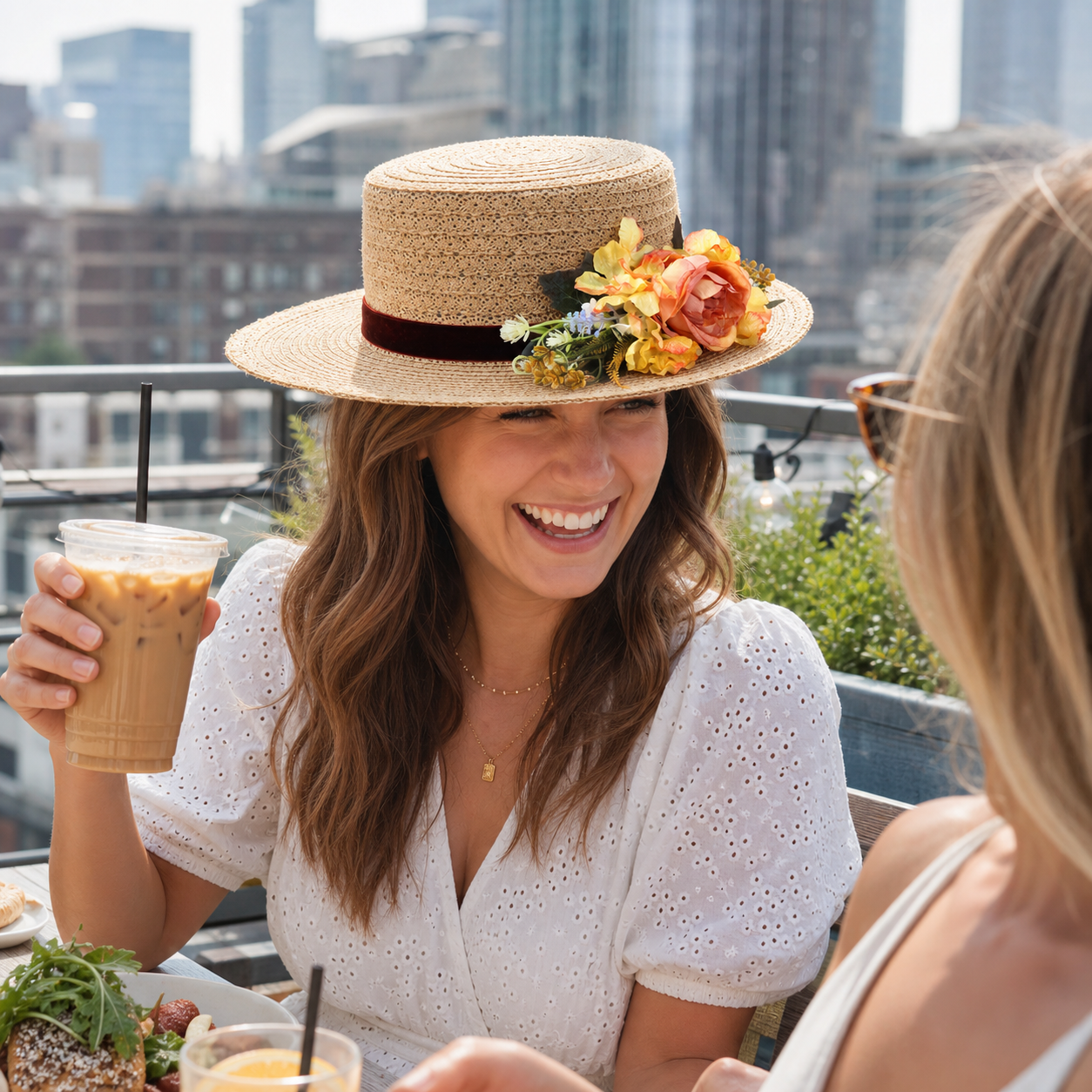 Violette Floral Accent Wide Brim Straw Boater Hat - Lifestyle scene 2