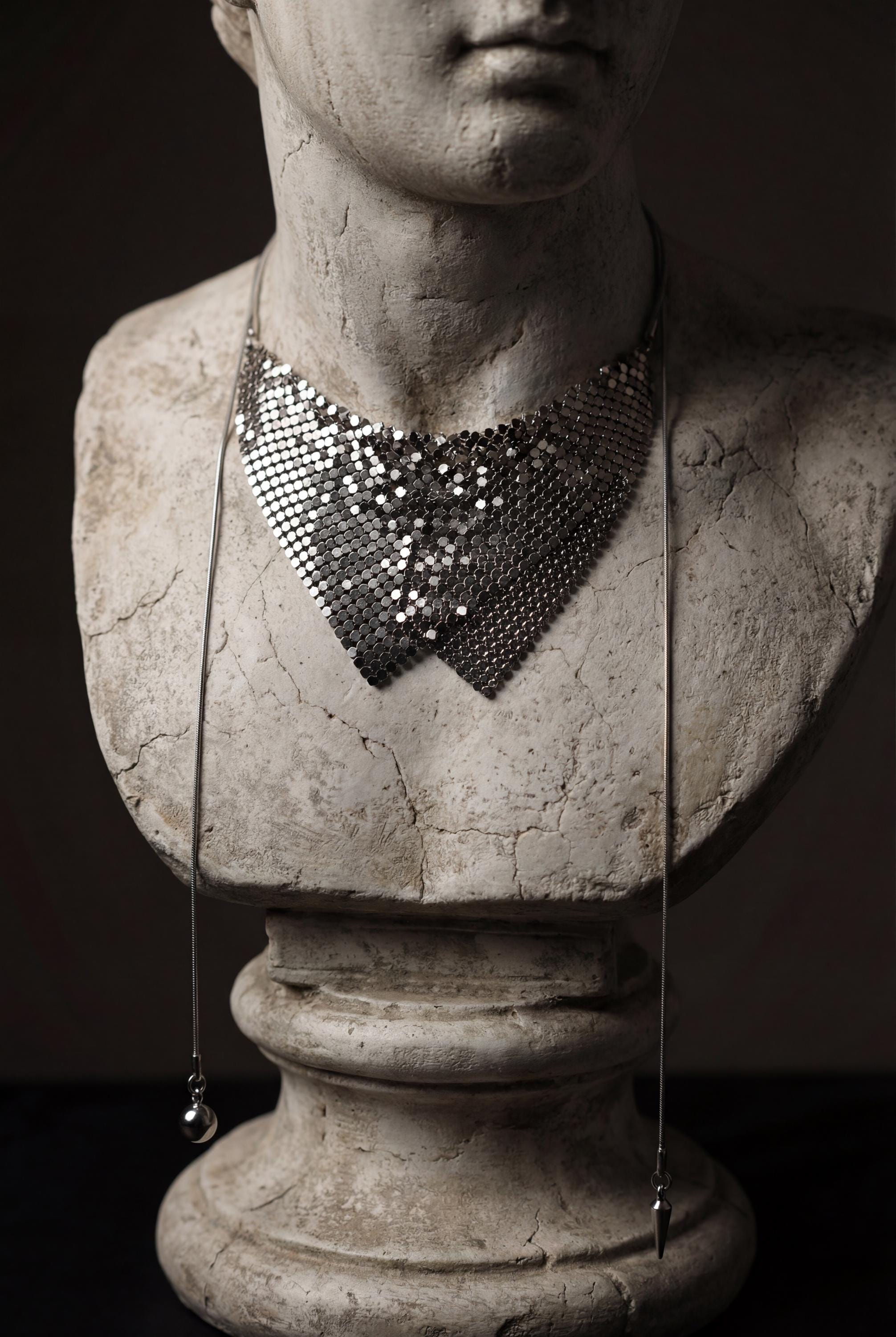 Black Mesh Bib Necklace, Chainmail Statement Necklace, Dark Glam Collar Necklace, Metallic Drape Necklace, Gothic Evening Jewelry