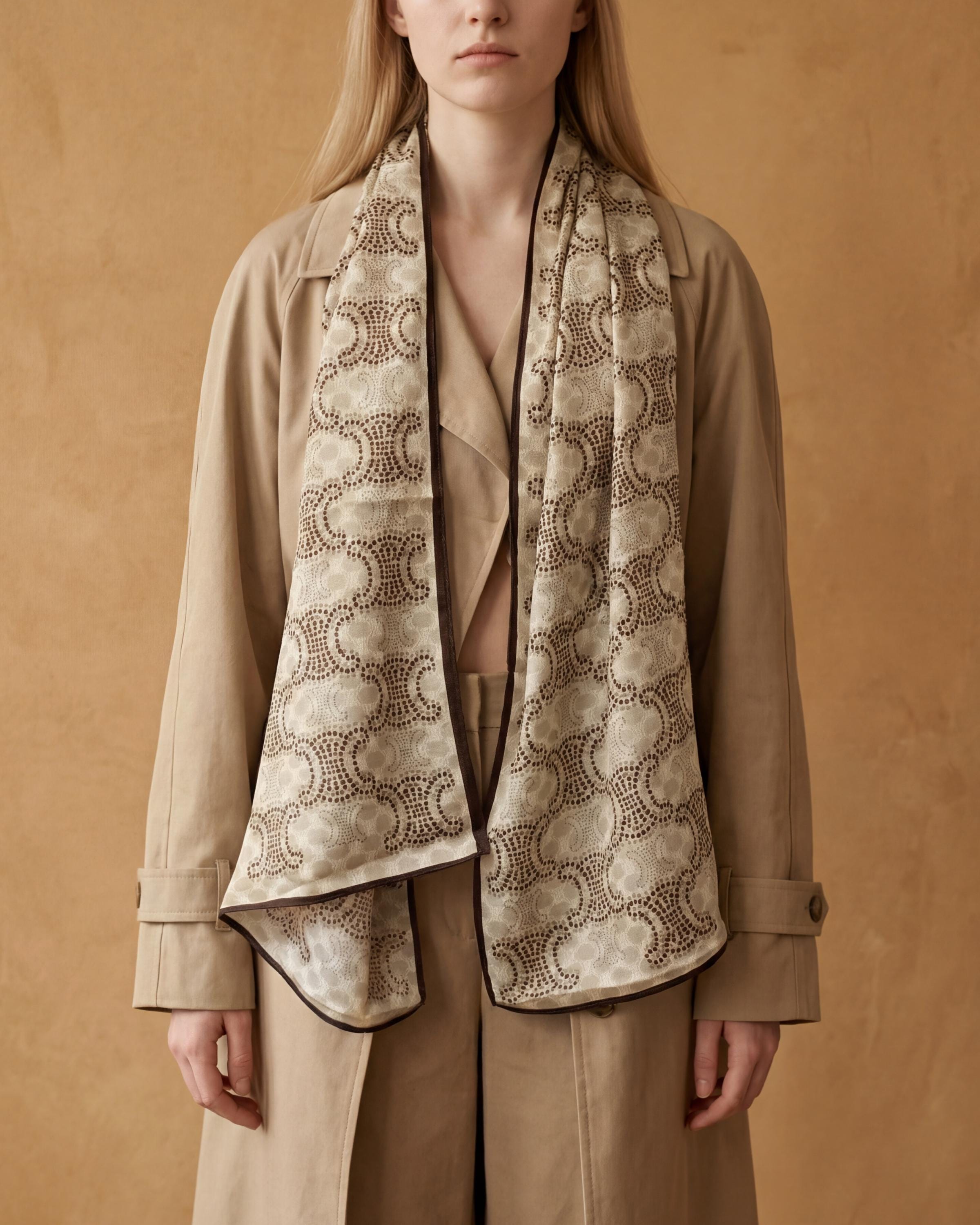Neutral Beige Monogram Scarf with Brown Trim – Elegant Long Scarf / Lightweight Wrap – Everyday Luxe Gift