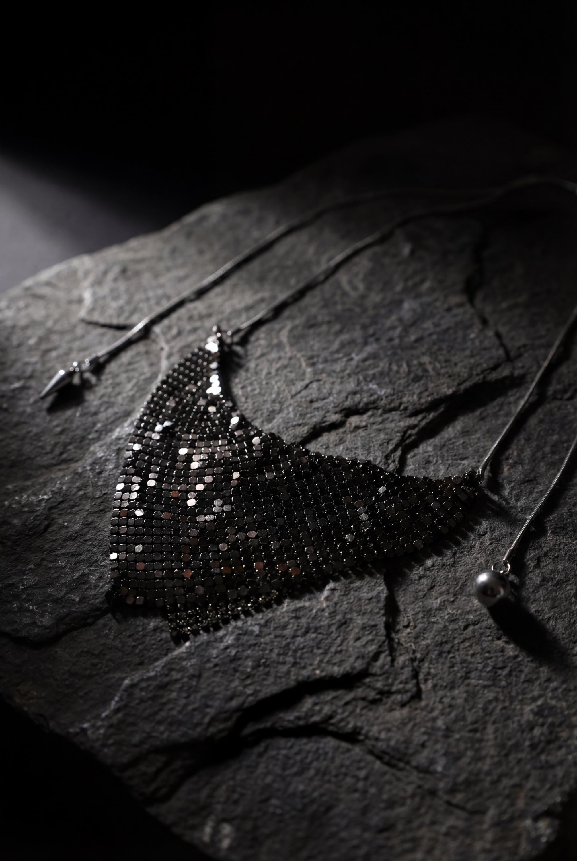 Black Mesh Bib Necklace, Chainmail Statement Necklace, Dark Glam Collar Necklace, Metallic Drape Necklace, Gothic Evening Jewelry