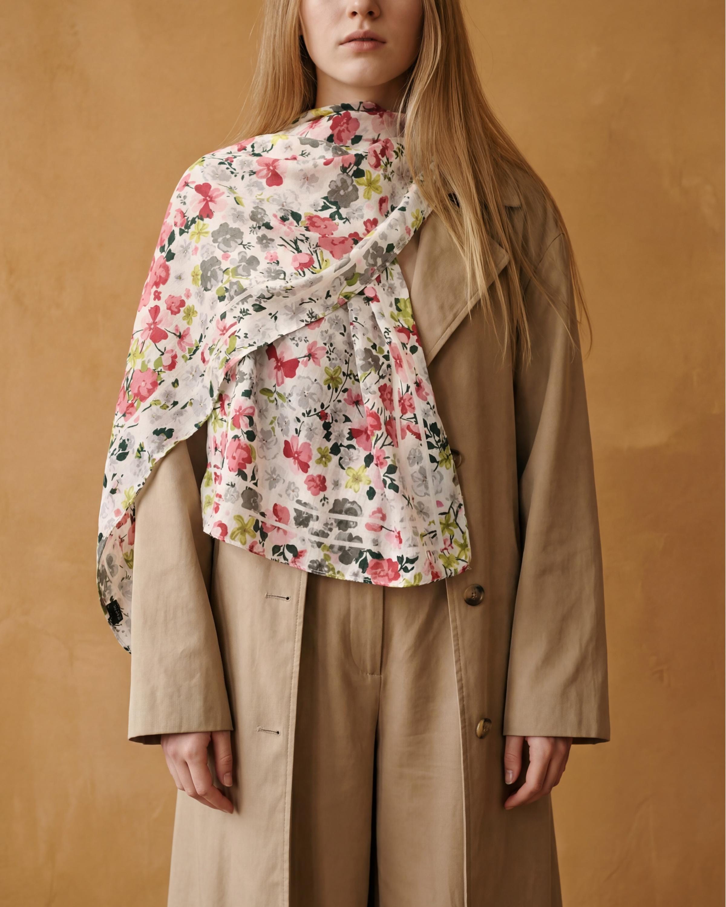 Floral Lightweight Scarf, Romantic Spring Wrap, Soft Sheer Neck Scarf, Pink Grey Botanical Print, Gift for Her
