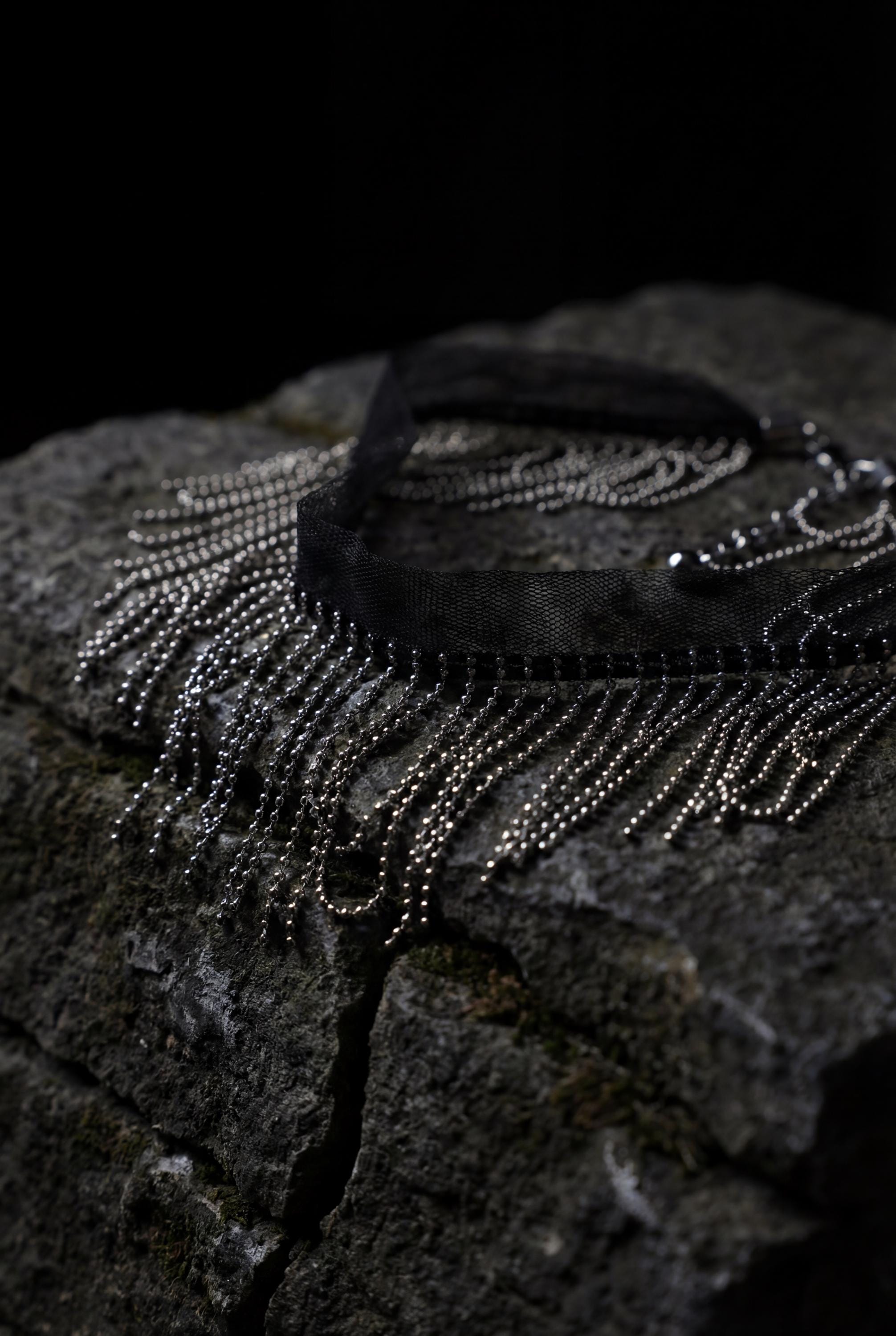 Gothic Fringe Choker Necklace,Black Tulle Chain Tassel Choker, Dark Glam Collar Necklace, Sheer Mesh Goth Jewelry, Statement Fringe Necklace