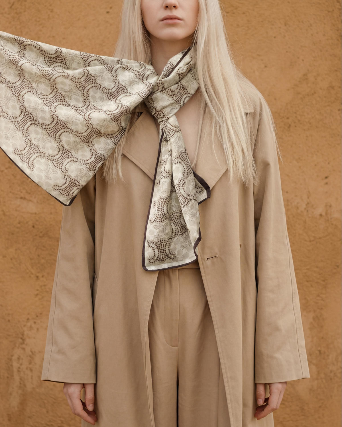 Neutral Beige Monogram Scarf with Brown Trim – Elegant Long Scarf / Lightweight Wrap – Everyday Luxe Gift