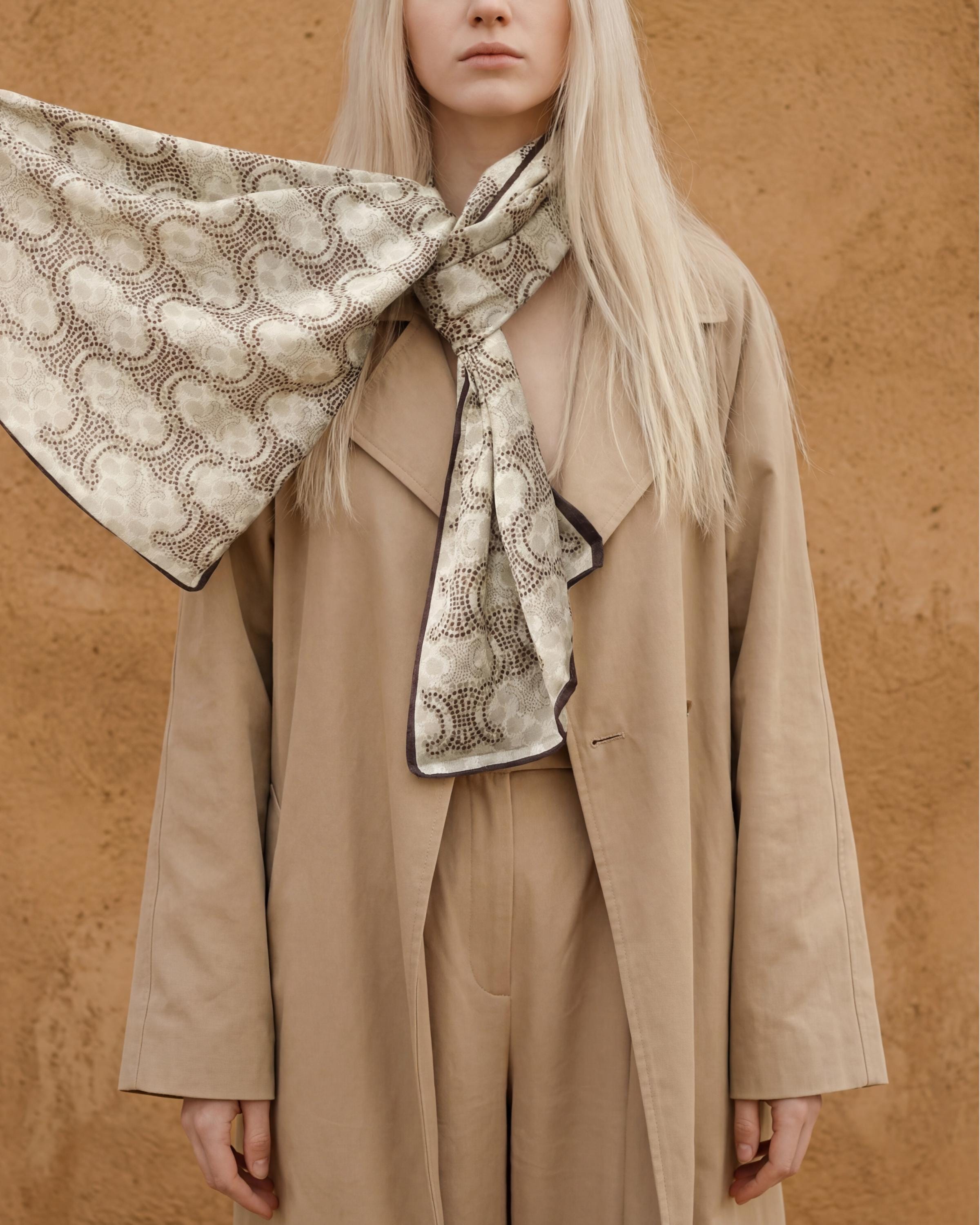 Neutral Beige Monogram Scarf with Brown Trim – Elegant Long Scarf / Lightweight Wrap – Everyday Luxe Gift