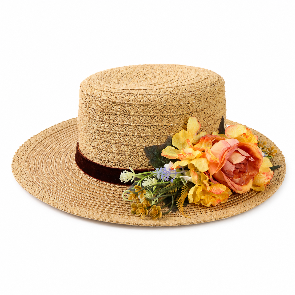 Violette Floral Accent Wide Brim Straw Boater Hat - Camel