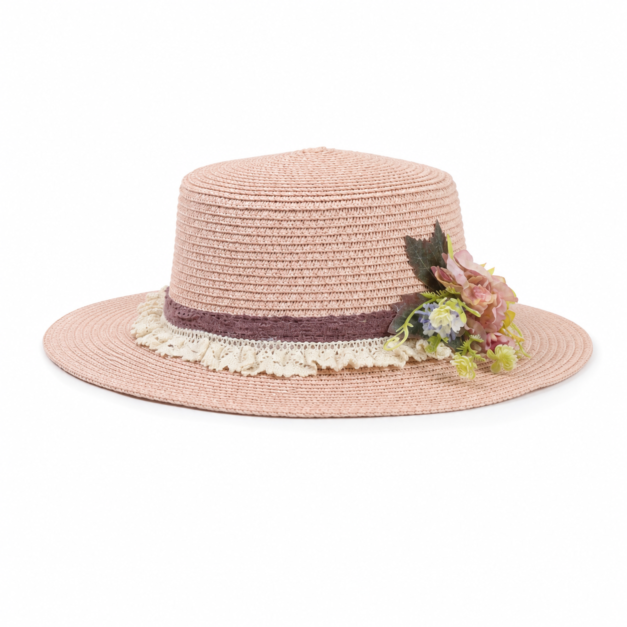 Violette Side Bloom Straw Boater Hat - Pink