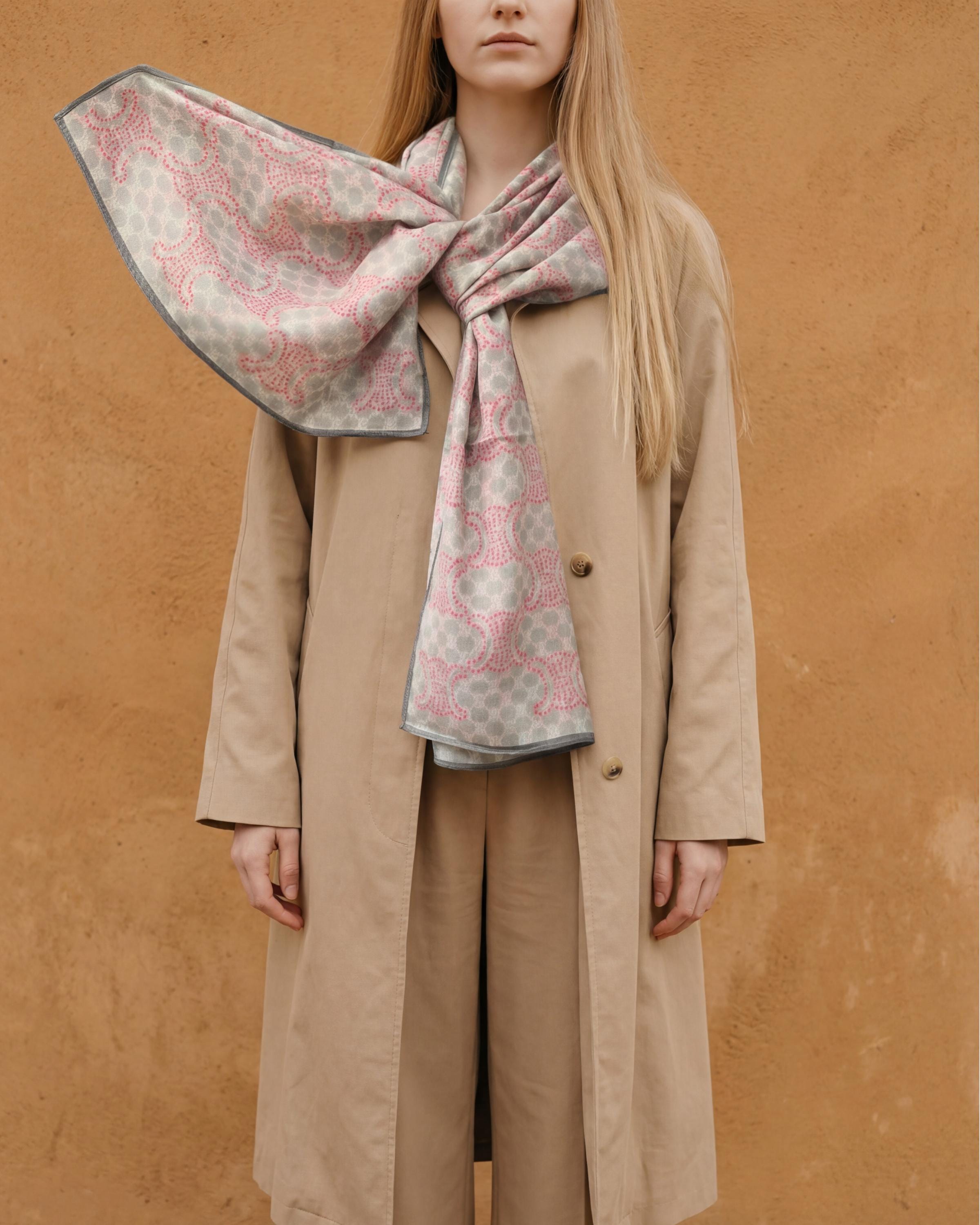 Gray Pink Geometric Soft Scarf Shawl Wrap – Lightweight Semi-Sheer Long Scarf, Minimalist Dot Print, Gift for Her