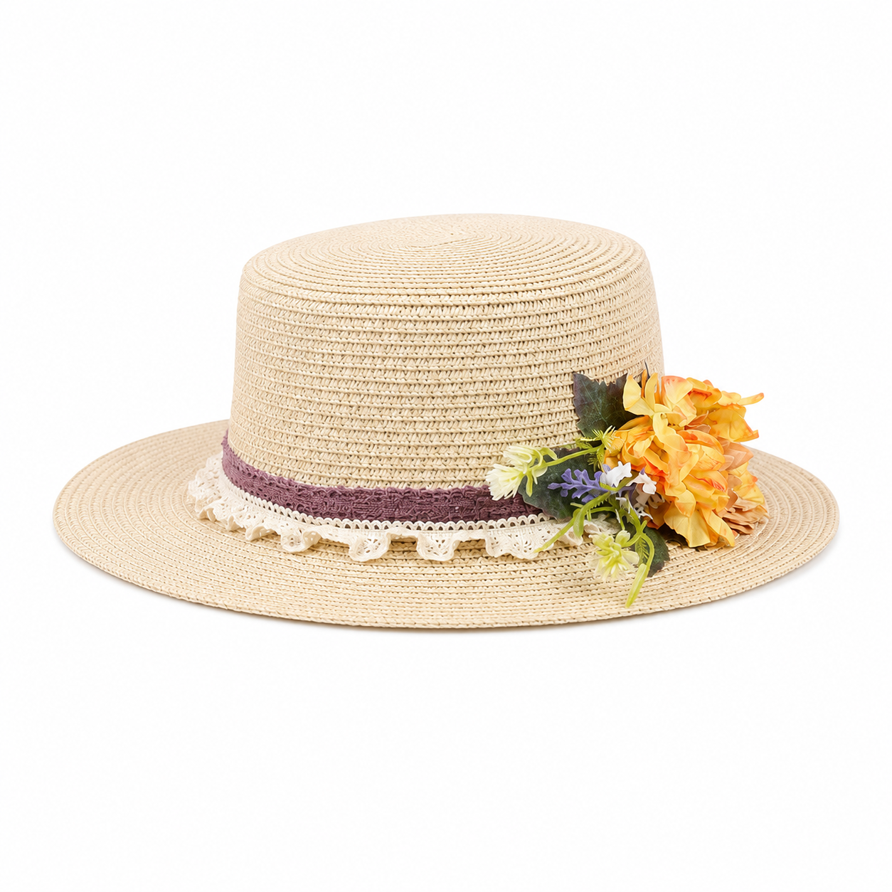 Violette Side Bloom Straw Boater Hat - Beige