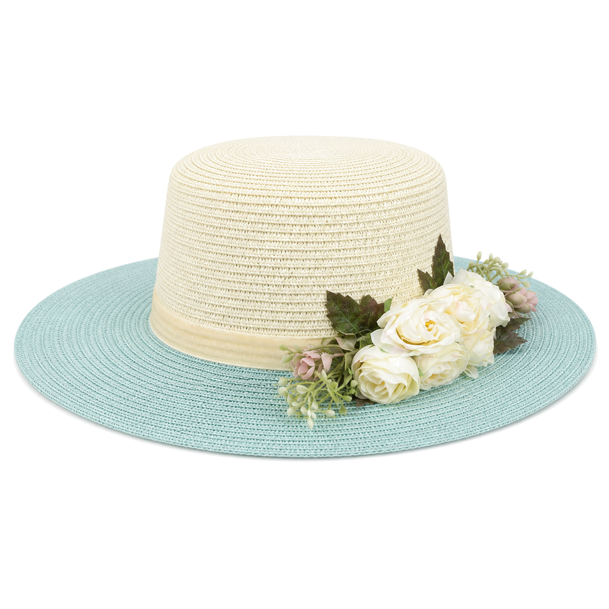 Violette Velvet Ribbon Floral Straw Boater Hat - Sky Blue