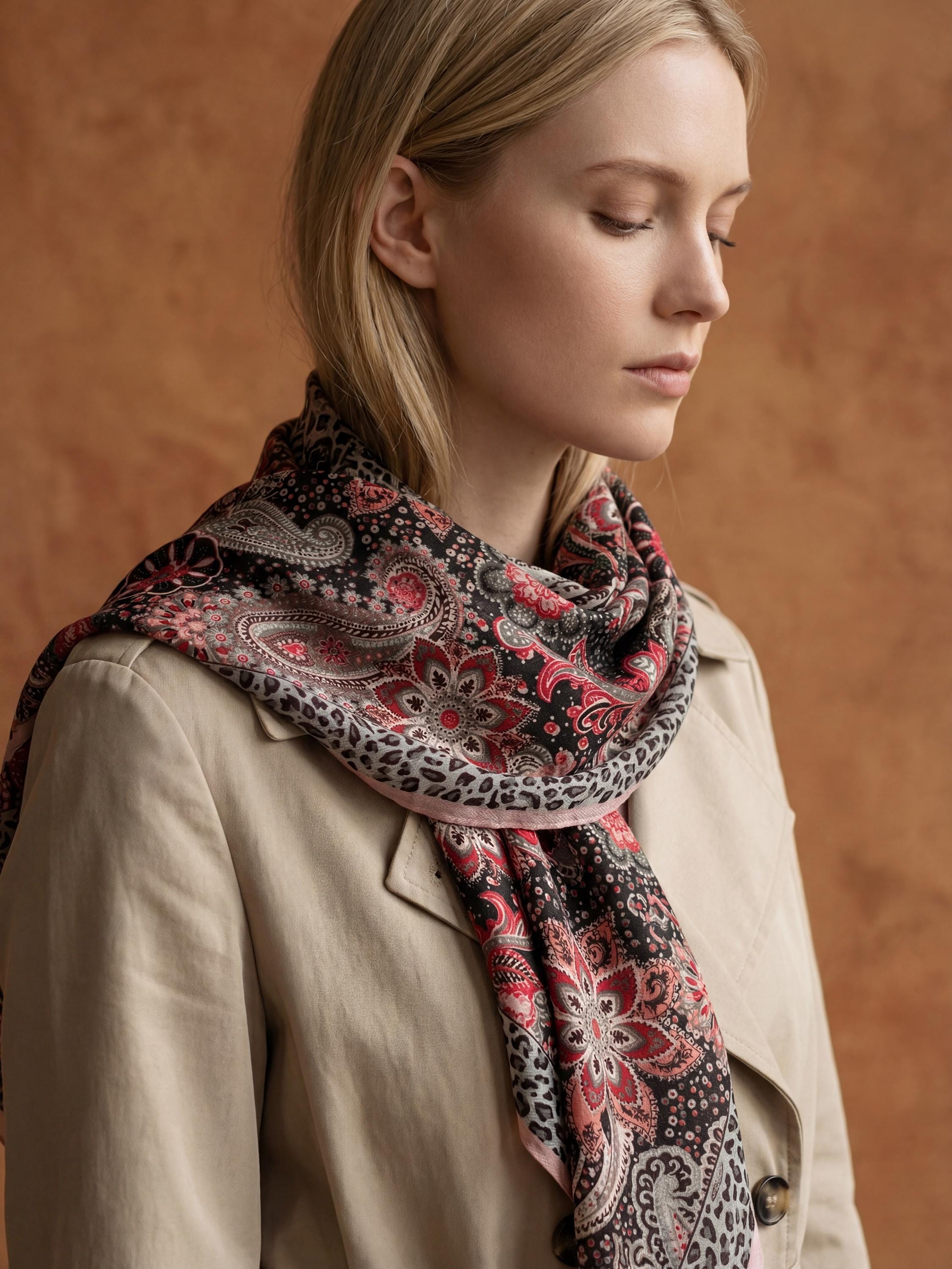Paisley Floral Lightweight Scarf with Leopard Border, Black Red Pink Boho Wrap, Soft Sheer Neck Scarf, Gift for Her