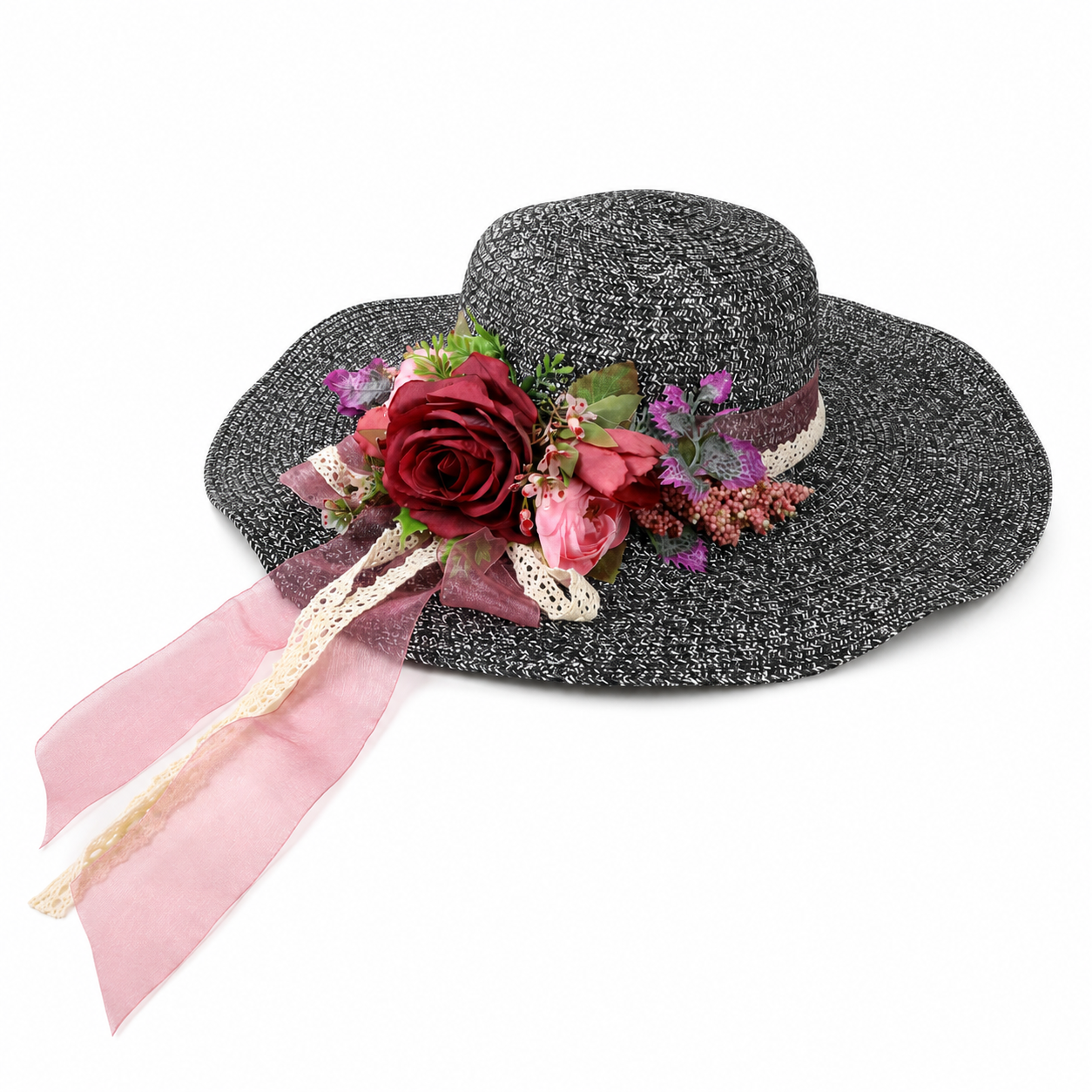 Violette Floral Ribbon Wide Brim Straw Boater Hat - Black