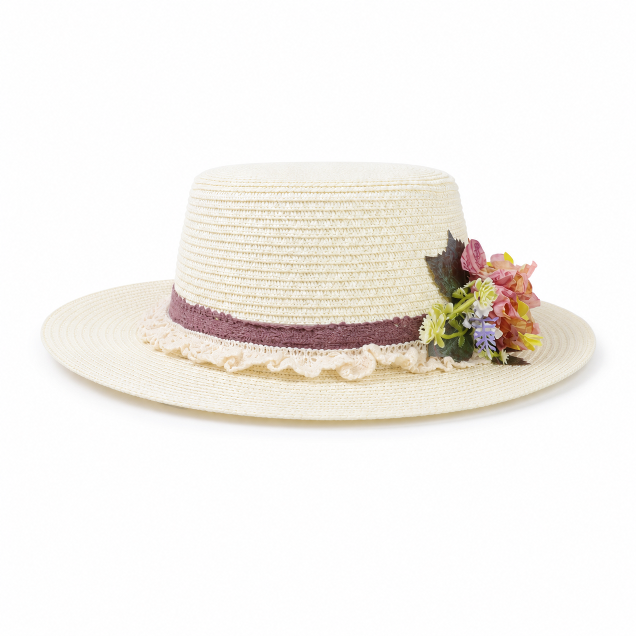 Violette Side Bloom Straw Boater Hat - Off-White