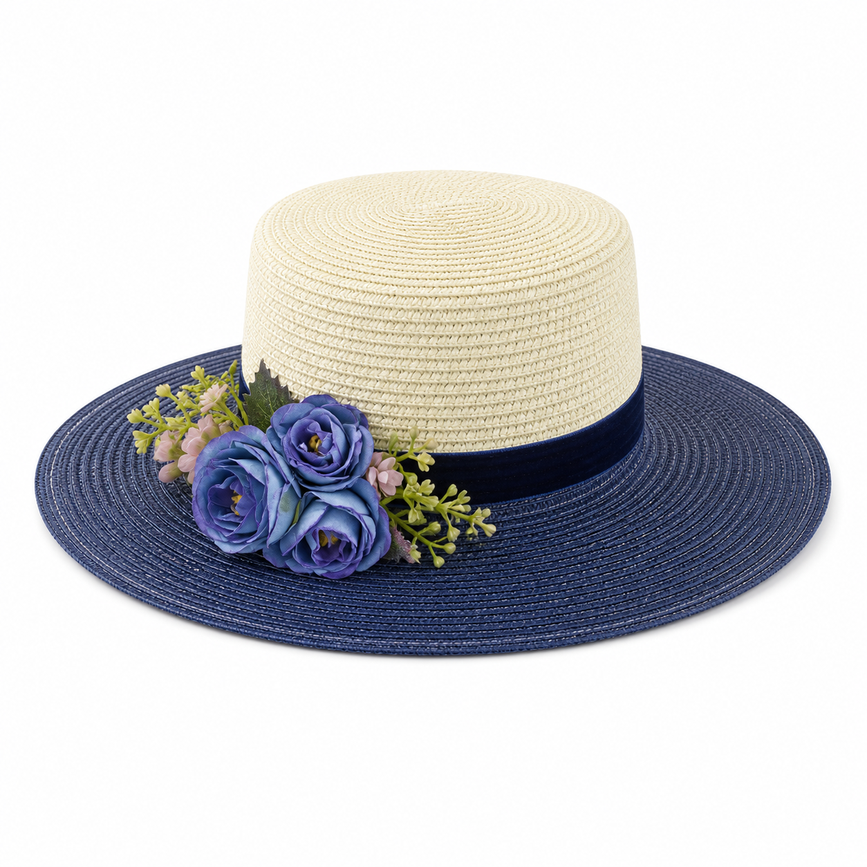 Violette Velvet Ribbon Floral Straw Boater Hat - Navy