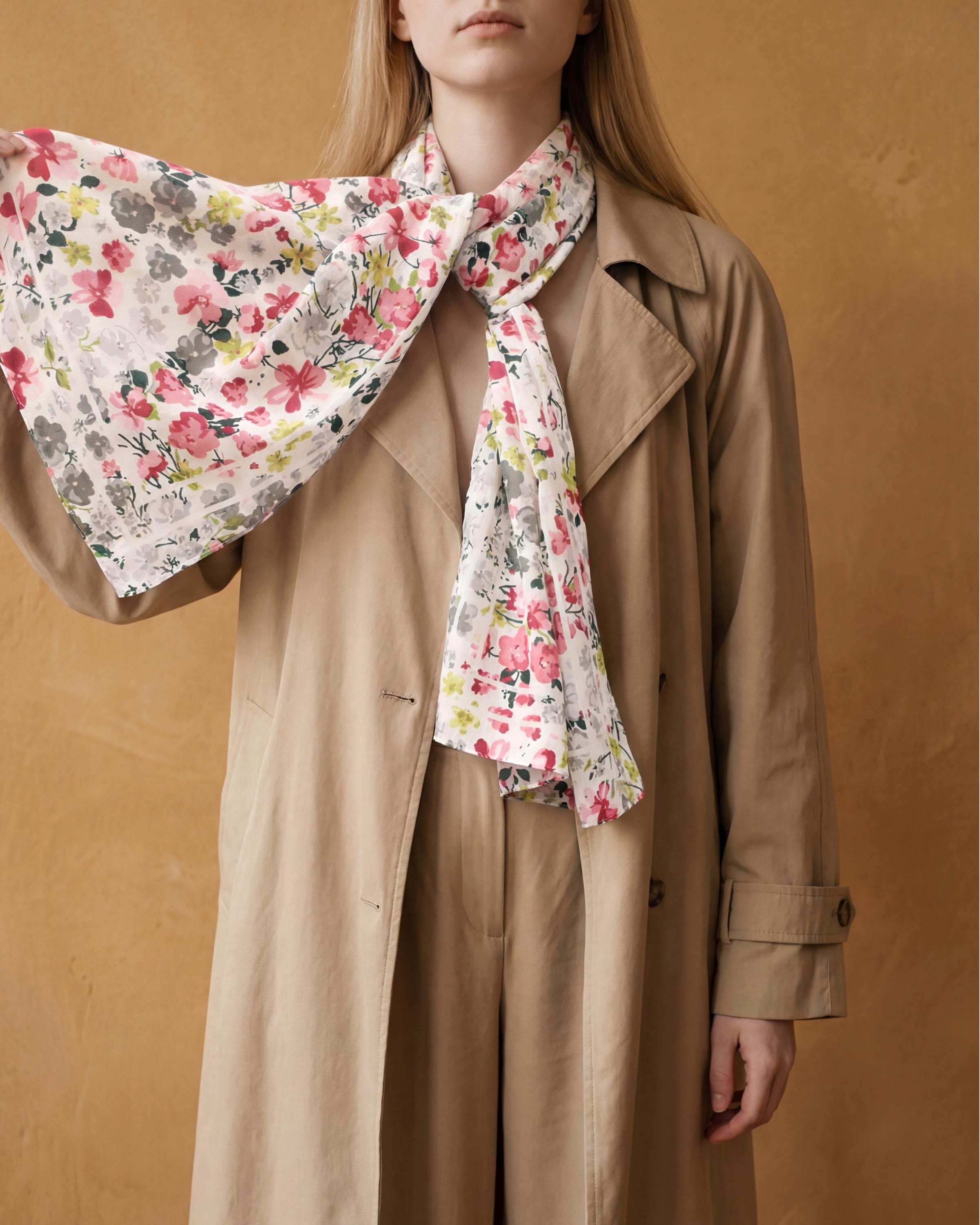 Floral Lightweight Scarf, Romantic Spring Wrap, Soft Sheer Neck Scarf, Pink Grey Botanical Print, Gift for Her