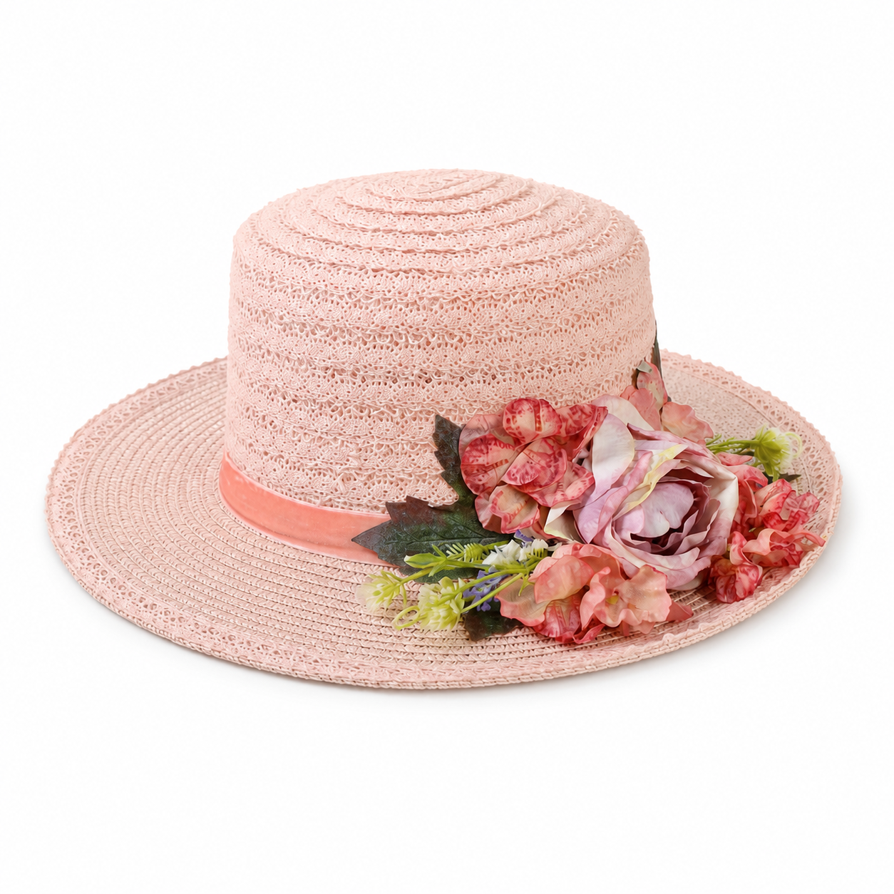 Violette Floral Accent Wide Brim Straw Boater Hat - Light Pink