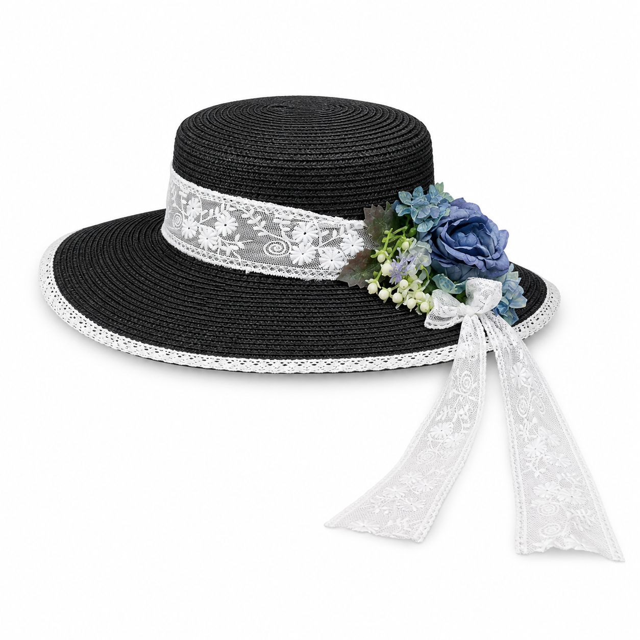 Violette Floral Lace Straw Boater Hat - Black