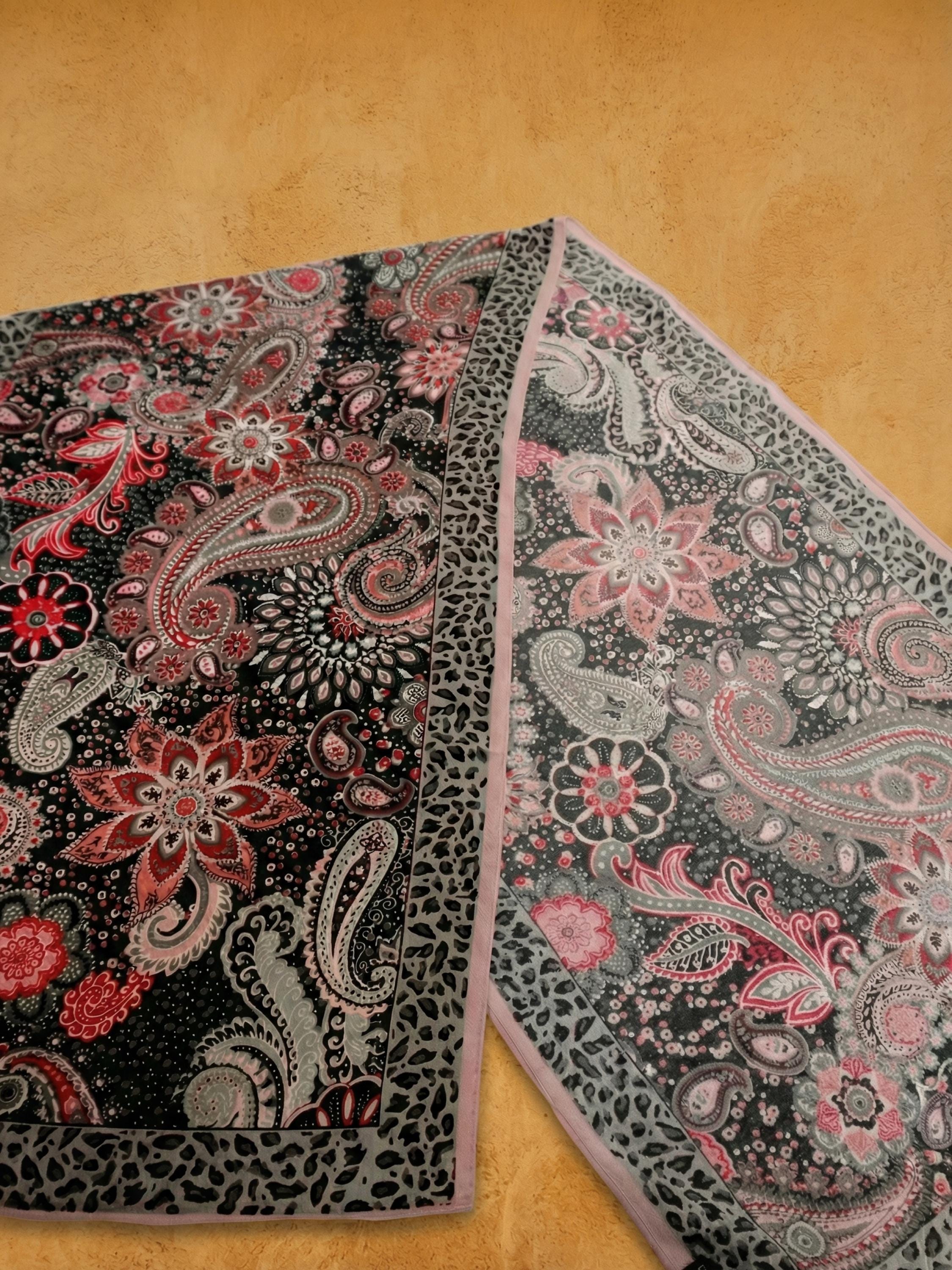 Paisley Floral Lightweight Scarf with Leopard Border, Black Red Pink Boho Wrap, Soft Sheer Neck Scarf, Gift for Her