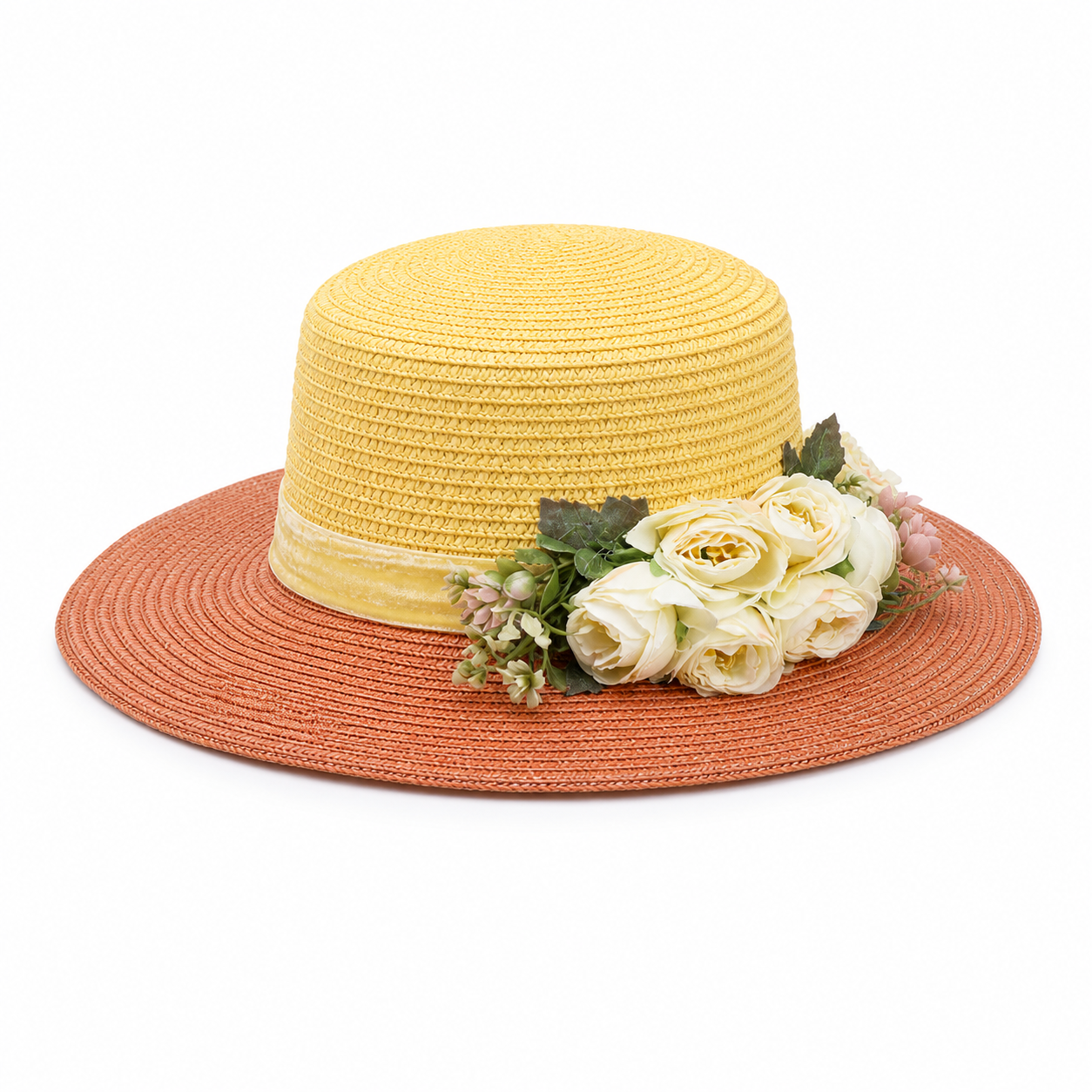 Violette Velvet Ribbon Floral Straw Boater Hat - Yellow