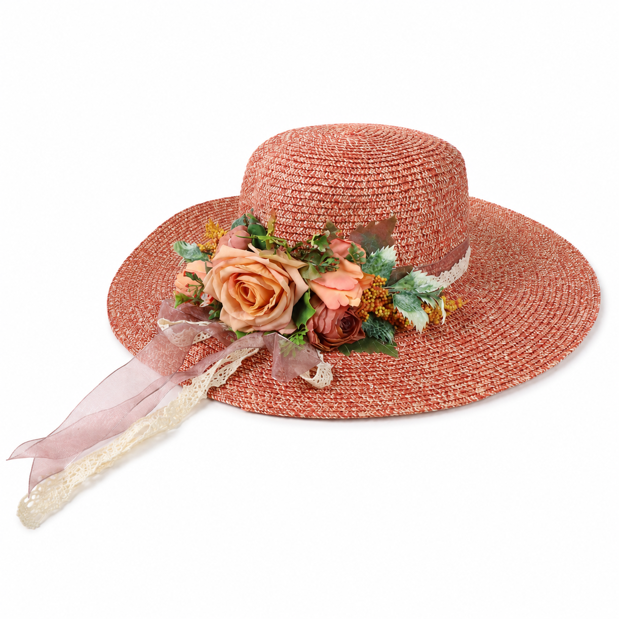 Violette Floral Ribbon Wide Brim Straw Boater Hat - Tangerine