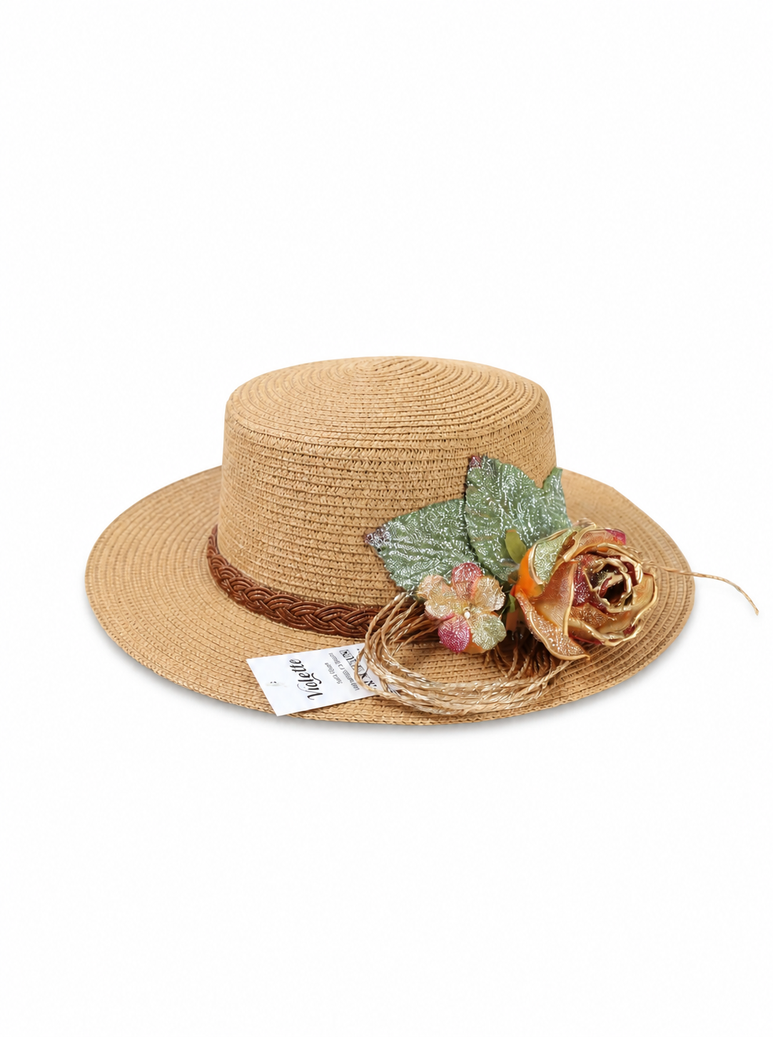 Violette Floral Embellished Straw Boater Hat - Camel - PD-0010 - white top-down variation