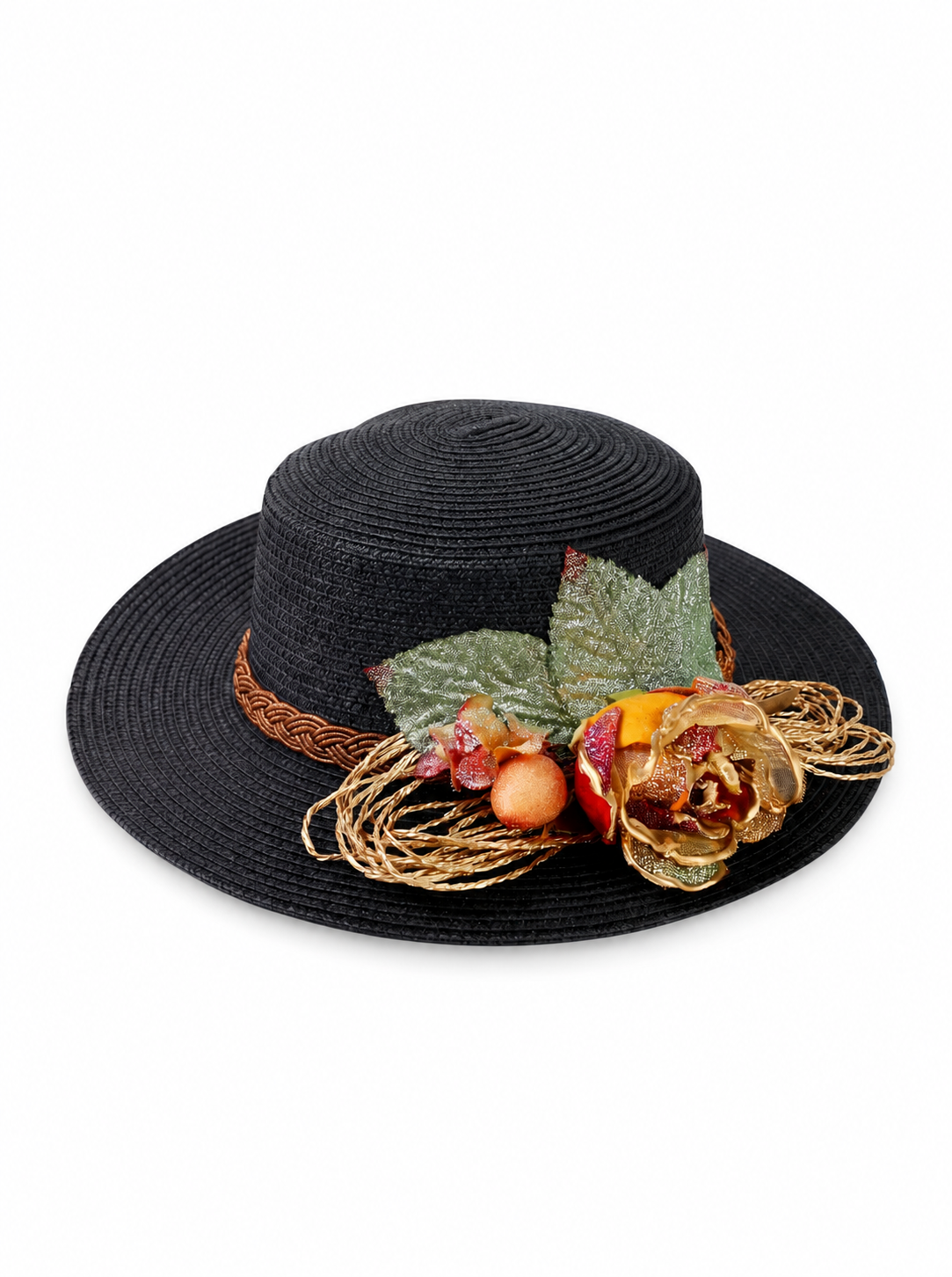 Violette Floral Embellished Straw Boater Hat - Black - PD-007 - white top-down variation
