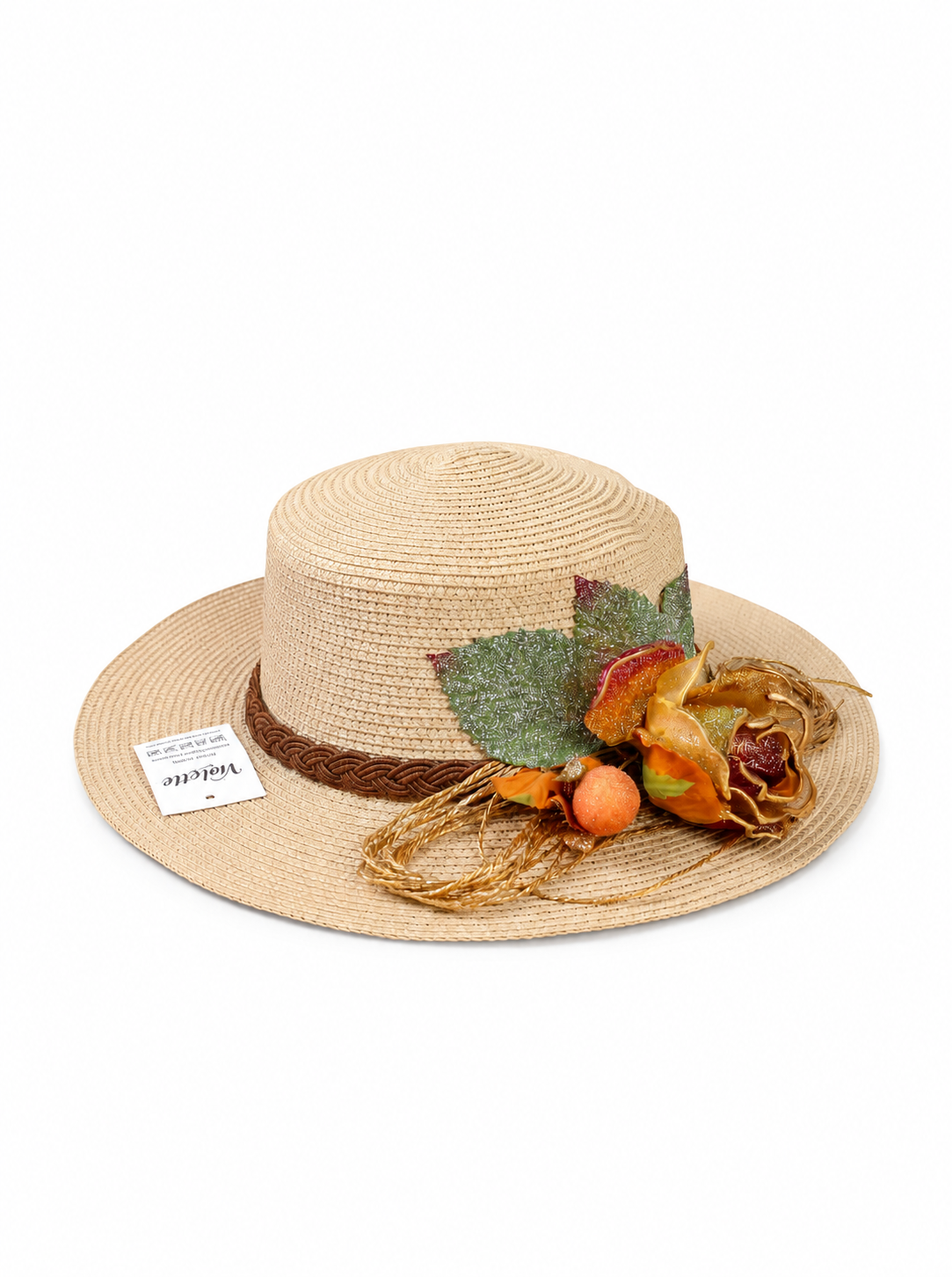 Violette Floral Embellished Straw Boater Hat - Beige - PD-009 - white top-down variation