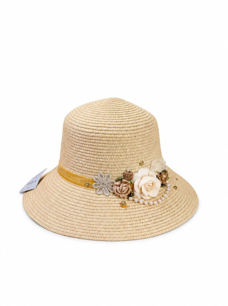 Violette Floral Pearl Straw Sun Hat Wide Brim Summer Beach Hat