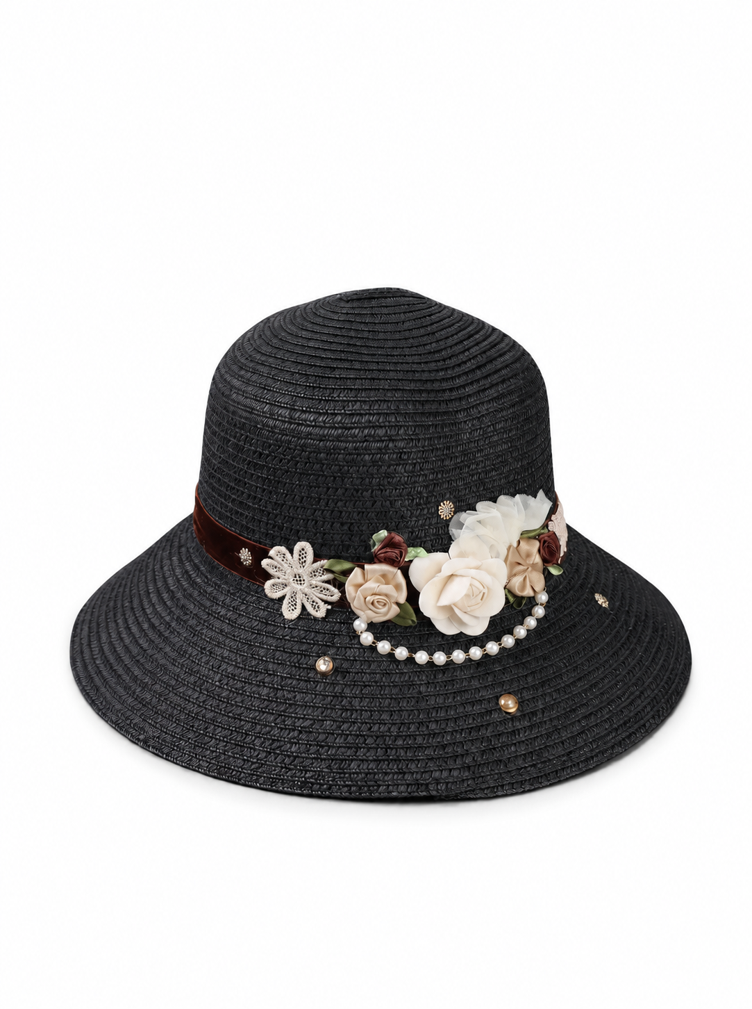 Violette Floral Pearl Straw Sun Hat Wide Brim Summer Beach Hat - Black - PM-002-BK - white top-down variation