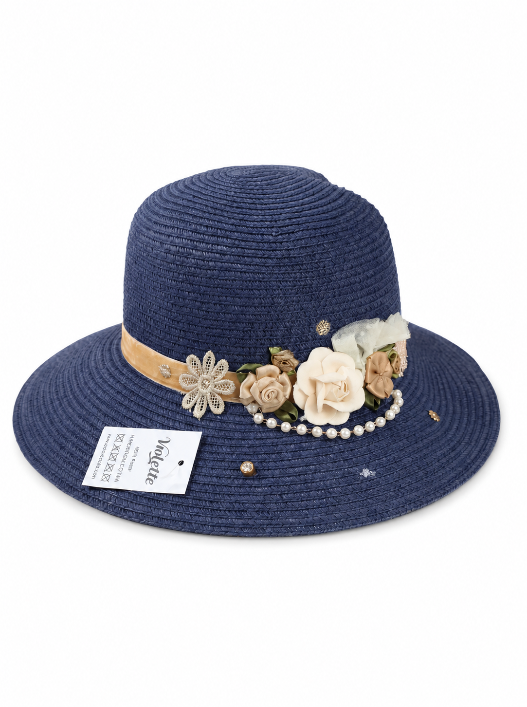 Violette Floral Pearl Straw Sun Hat Wide Brim Summer Beach Hat - Navy - PM-003-NB - white top-down variation